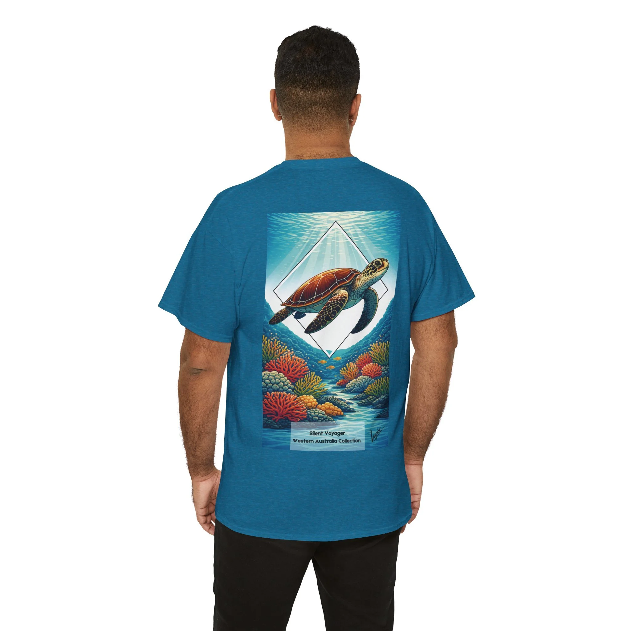 Antique sapphire t-shirt featuring sea turtle swimming over coral reef inspired by Australian ocean wildlife.
