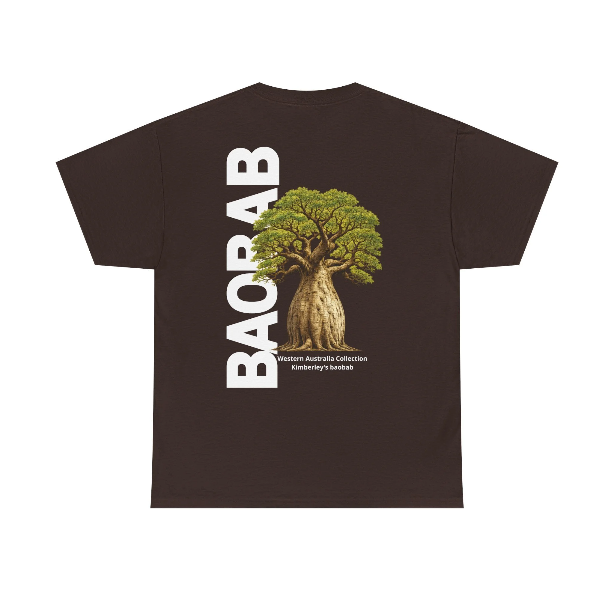 Brown t-shirt featuring boab tree illustration inspired by the Kimberley region of Western Australia.