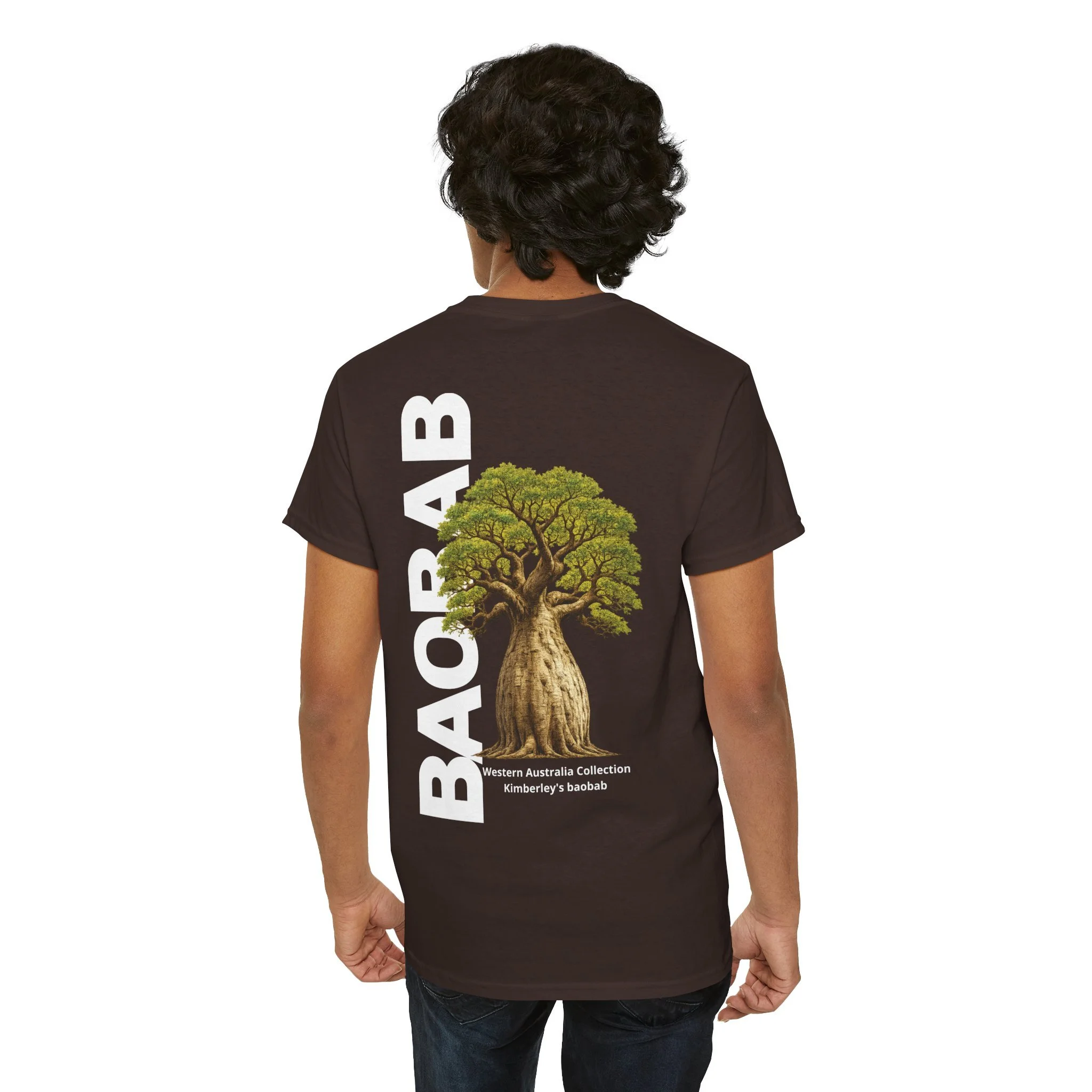 Brown t-shirt with boab tree graphic inspired by the iconic baobab trees of Western Australia.