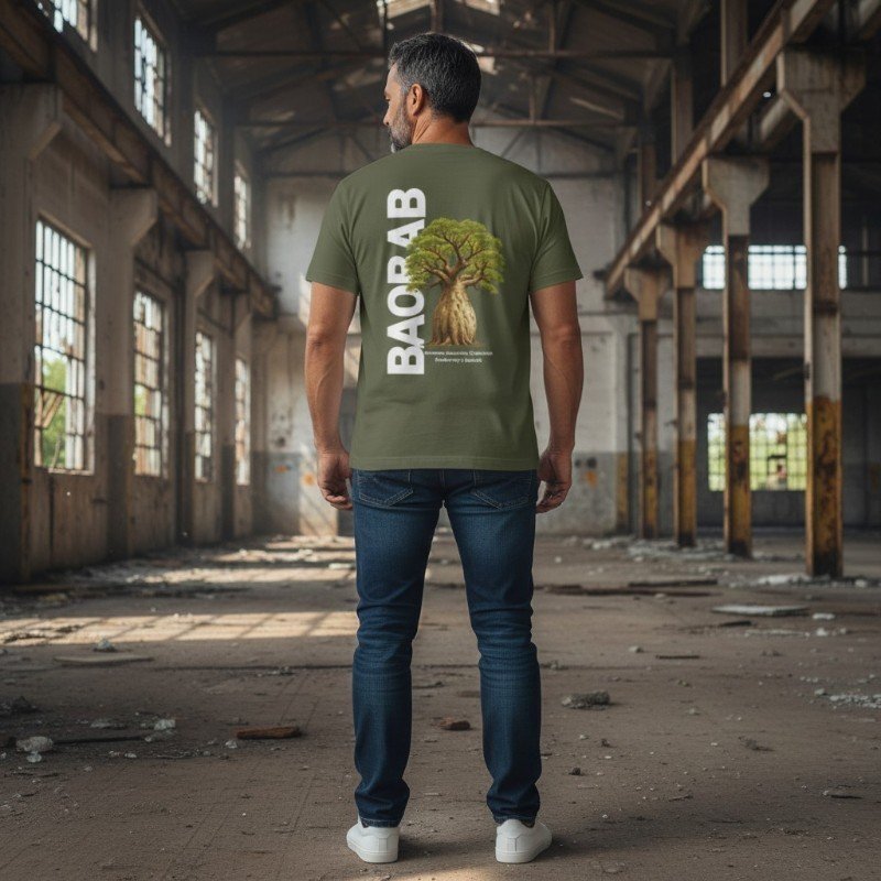 Person wearing military green t-shirt with Western Australia boab tree design inspired by Australian nature.