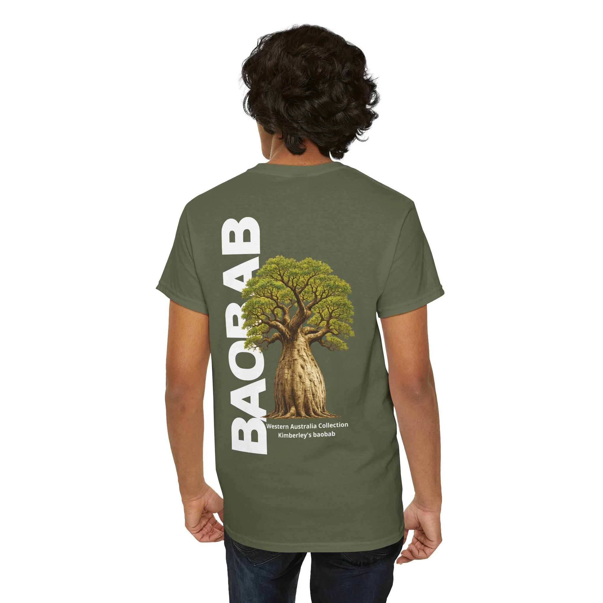 Military green t-shirt with boab tree graphic inspired by the iconic baobab trees of Western Australia.