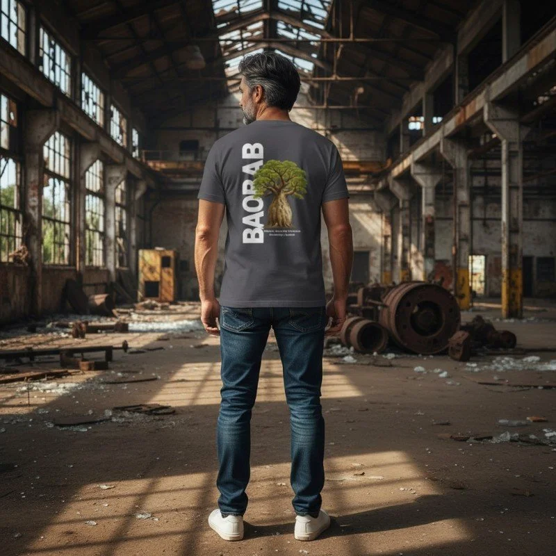 Person wearing charcoal t-shirt with Western Australia boab tree design inspired by Australian nature.