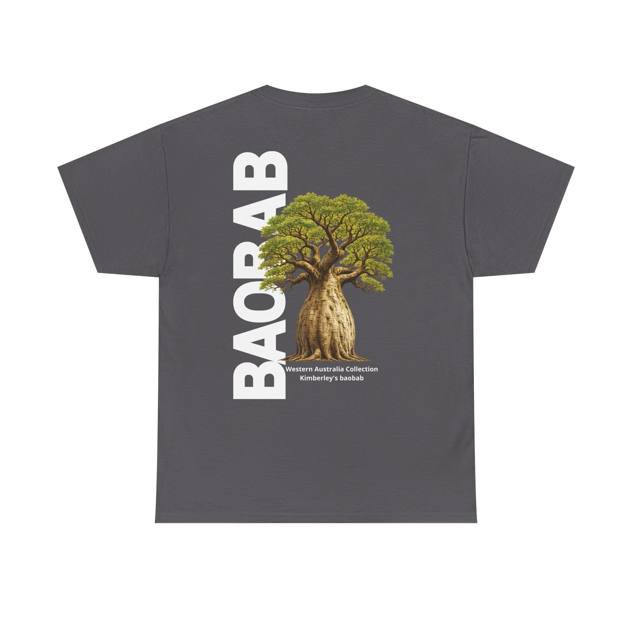 Charcoal t-shirt featuring boab tree illustration inspired by the Kimberley region of Western Australia.