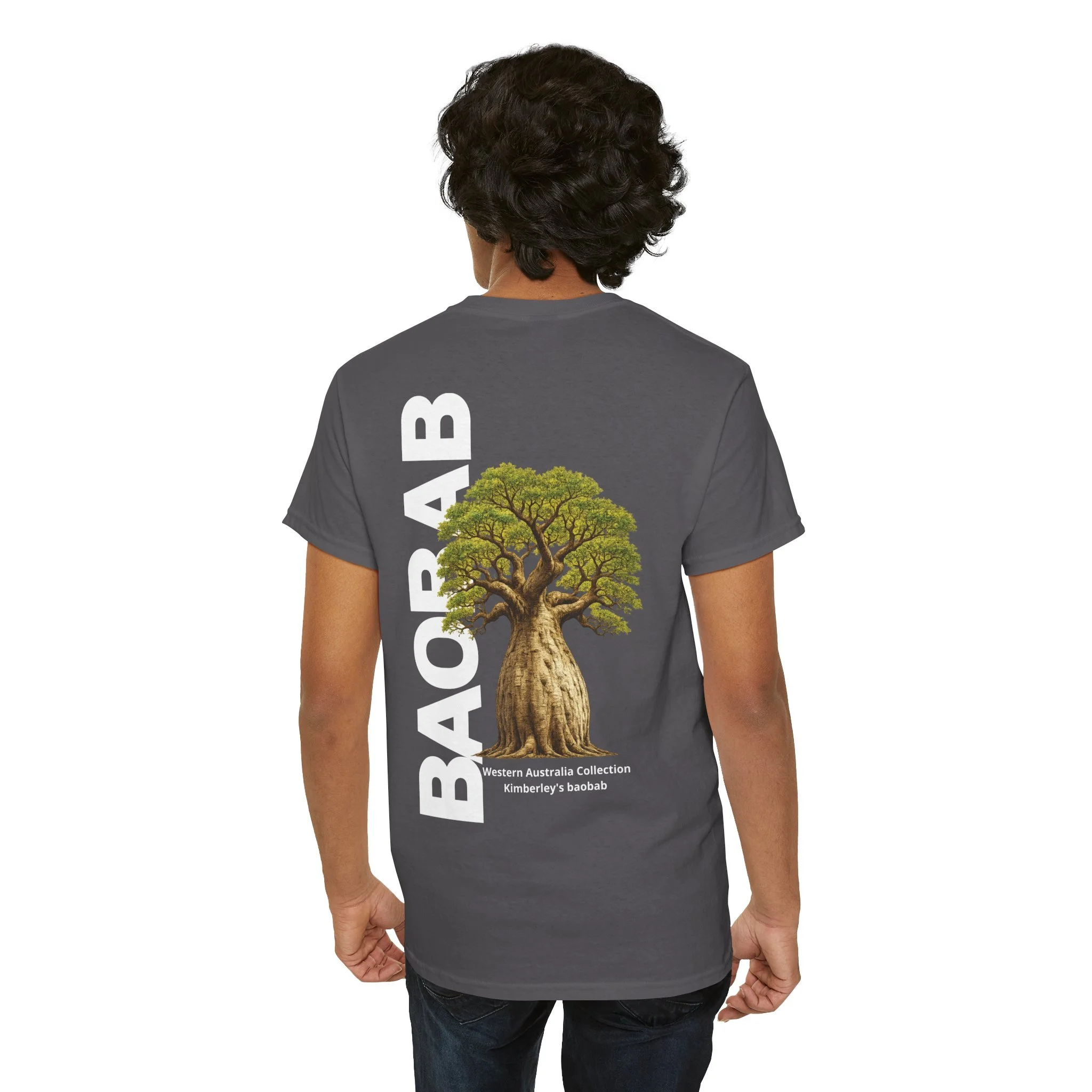Charcoal t-shirt with boab tree graphic inspired by the iconic baobab trees of Western Australia.