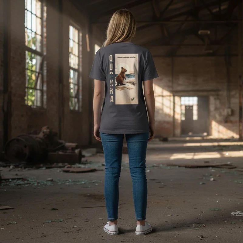 Person wearing grey t-shirt with quokka design inspired by Rottnest Island in Western Australia.