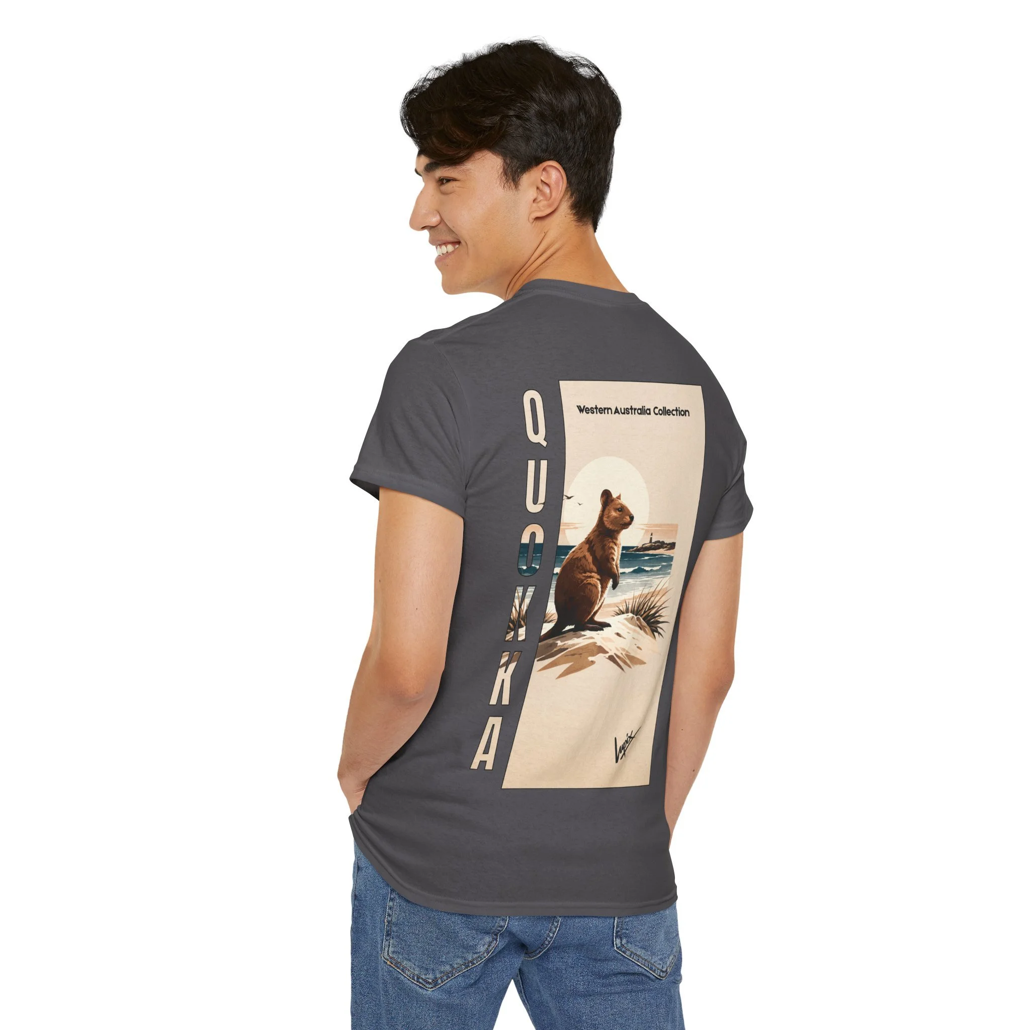 Grey t-shirt featuring a quokka on Rottnest Island inspired by Western Australia wildlife.