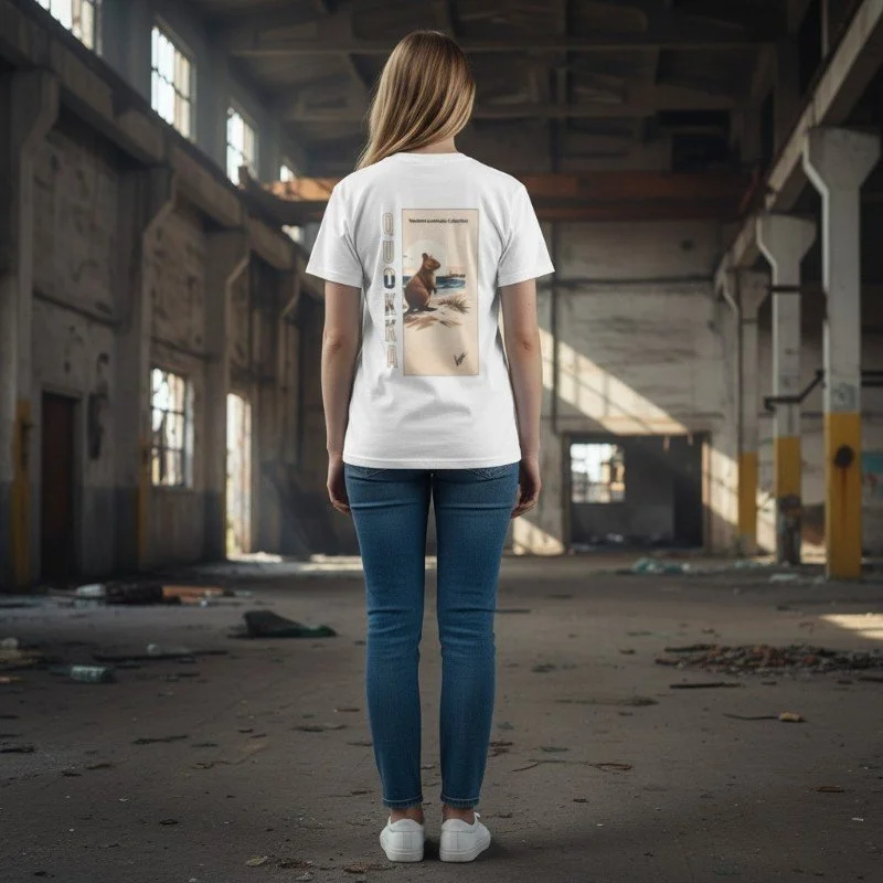 Person wearing white t-shirt with quokka design inspired by Rottnest Island in Western Australia.