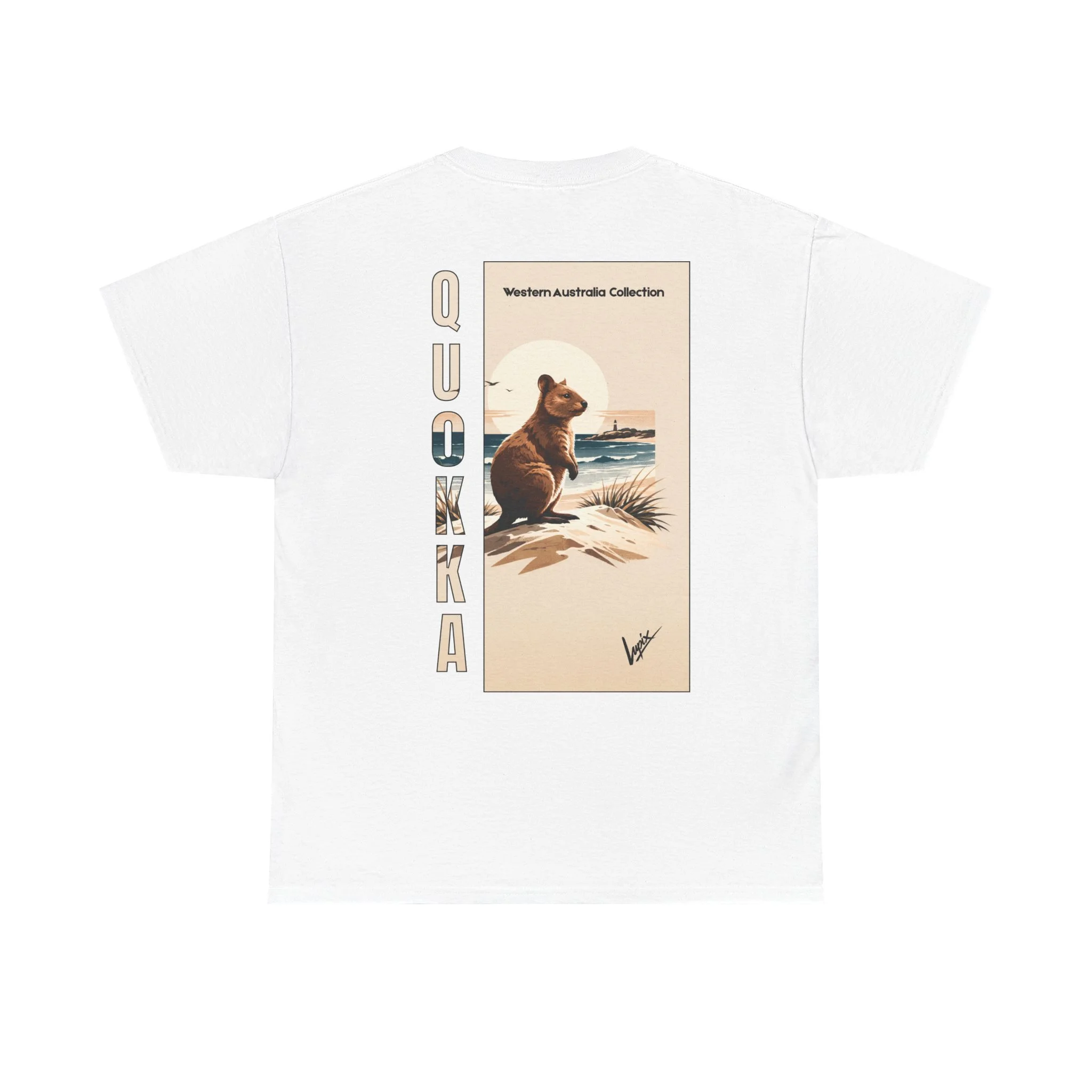 White t-shirt with Rottnest Island quokka illustration inspired by Western Australia nature and wildlife.