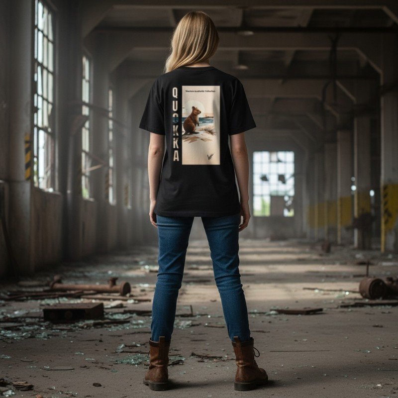 Person wearing black t-shirt with quokka design inspired by Rottnest Island in Western Australia.