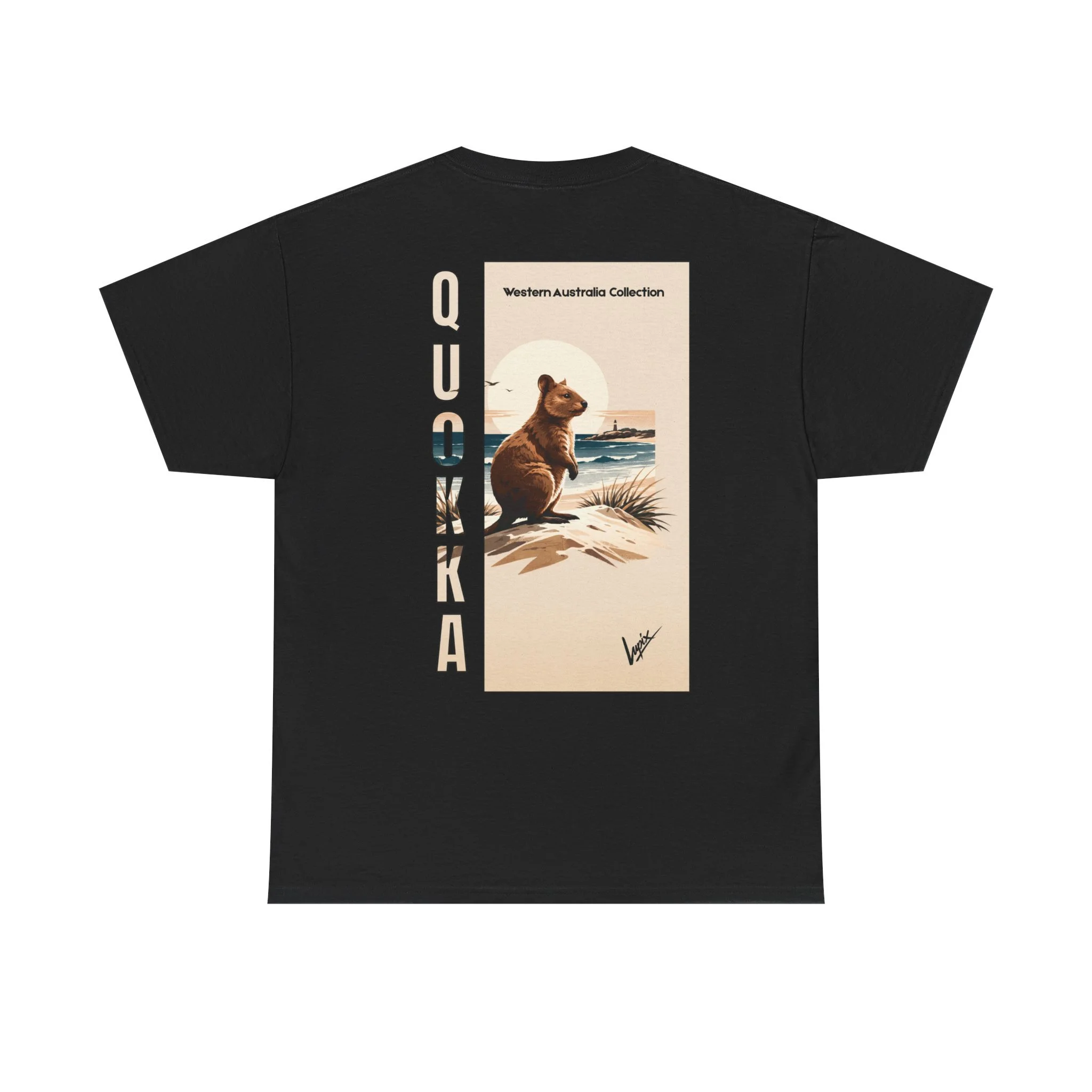 Black t-shirt with Rottnest Island quokka illustration inspired by Western Australia nature and wildlife.