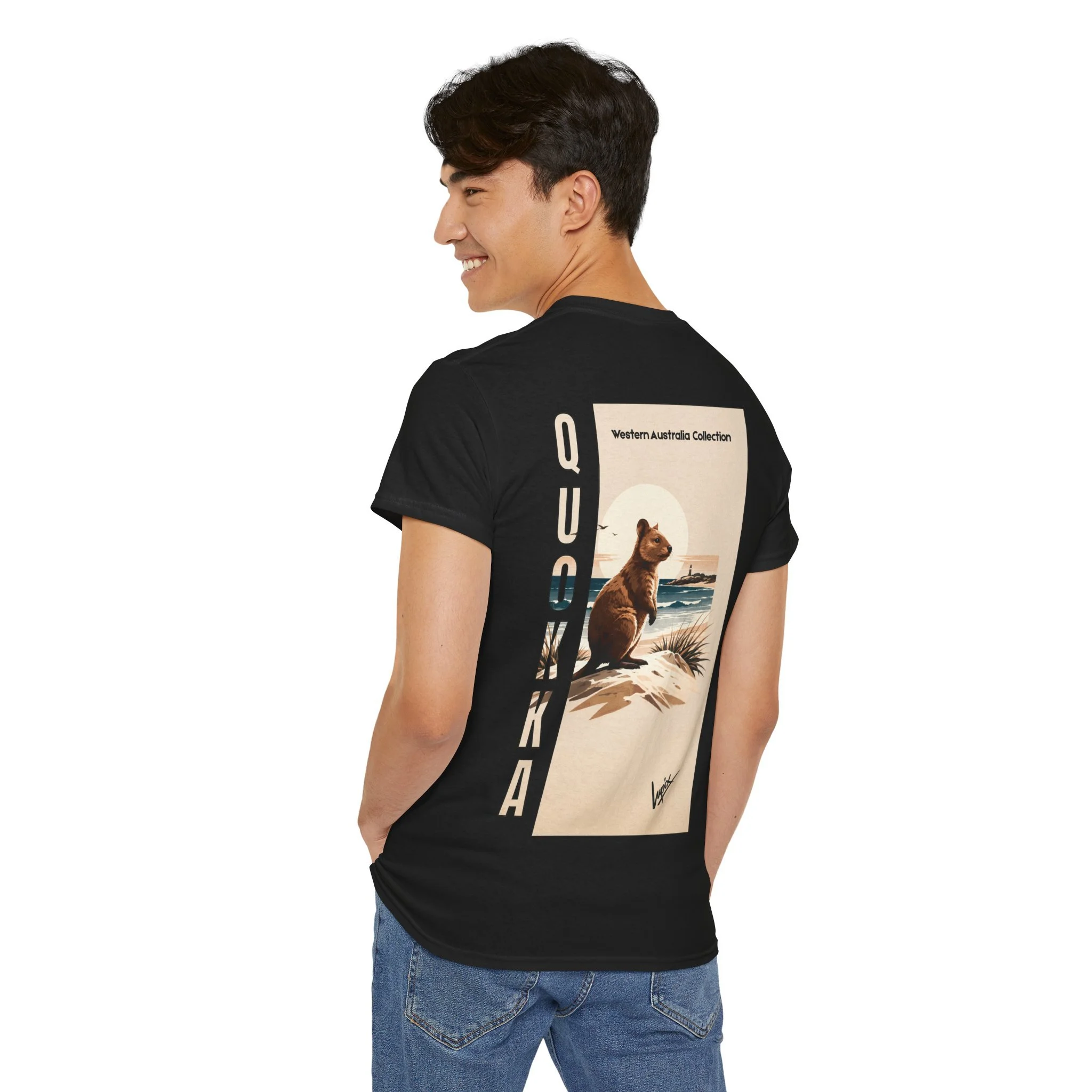 Black t-shirt featuring a quokka on Rottnest Island inspired by Western Australia wildlife.