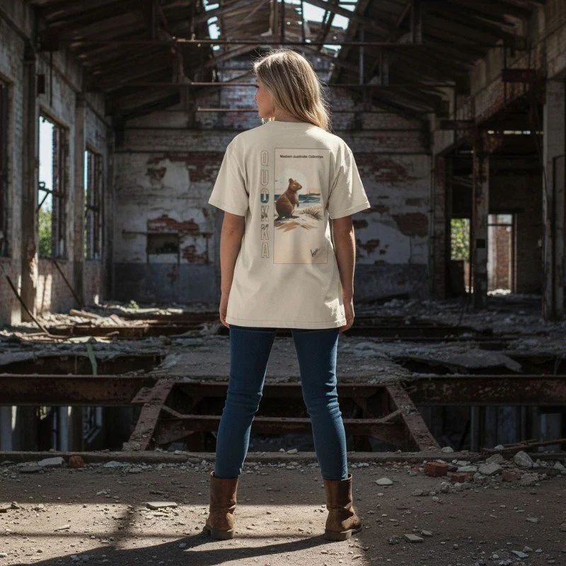Person wearing sand t-shirt with quokka design inspired by Rottnest Island in Western Australia.