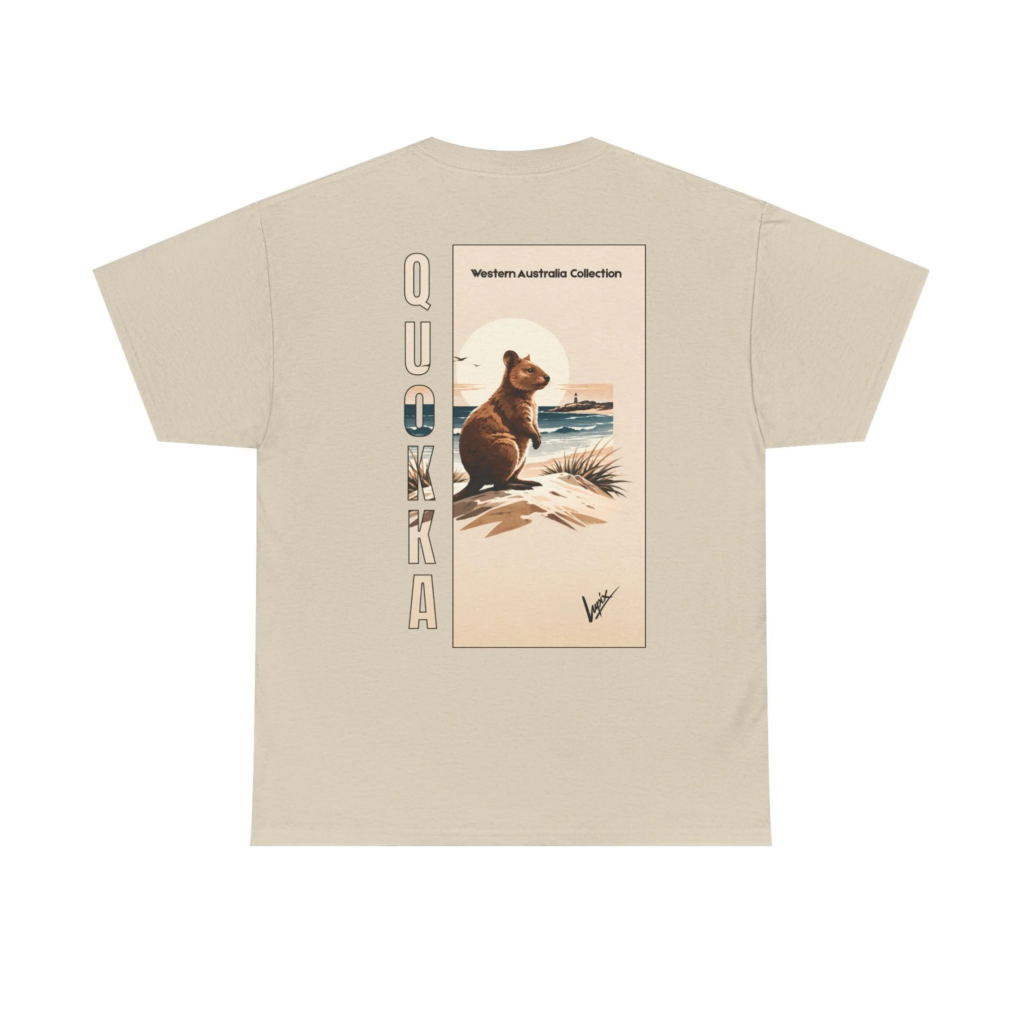 Sand t-shirt with Rottnest Island quokka illustration inspired by Western Australia nature and wildlife.