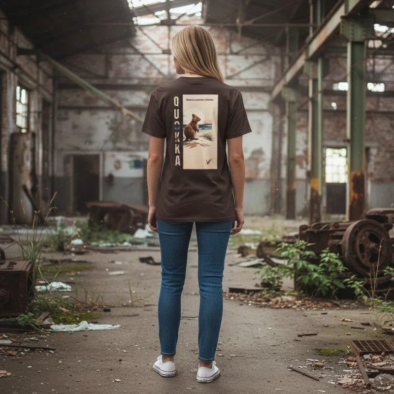 Person wearing brown t-shirt with quokka design inspired by Rottnest Island in Western Australia.