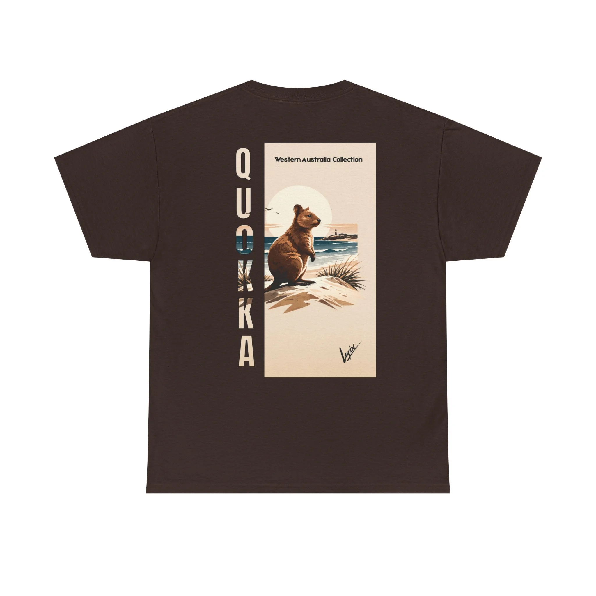 Brown t-shirt with Rottnest Island quokka illustration inspired by Western Australia nature and wildlife.