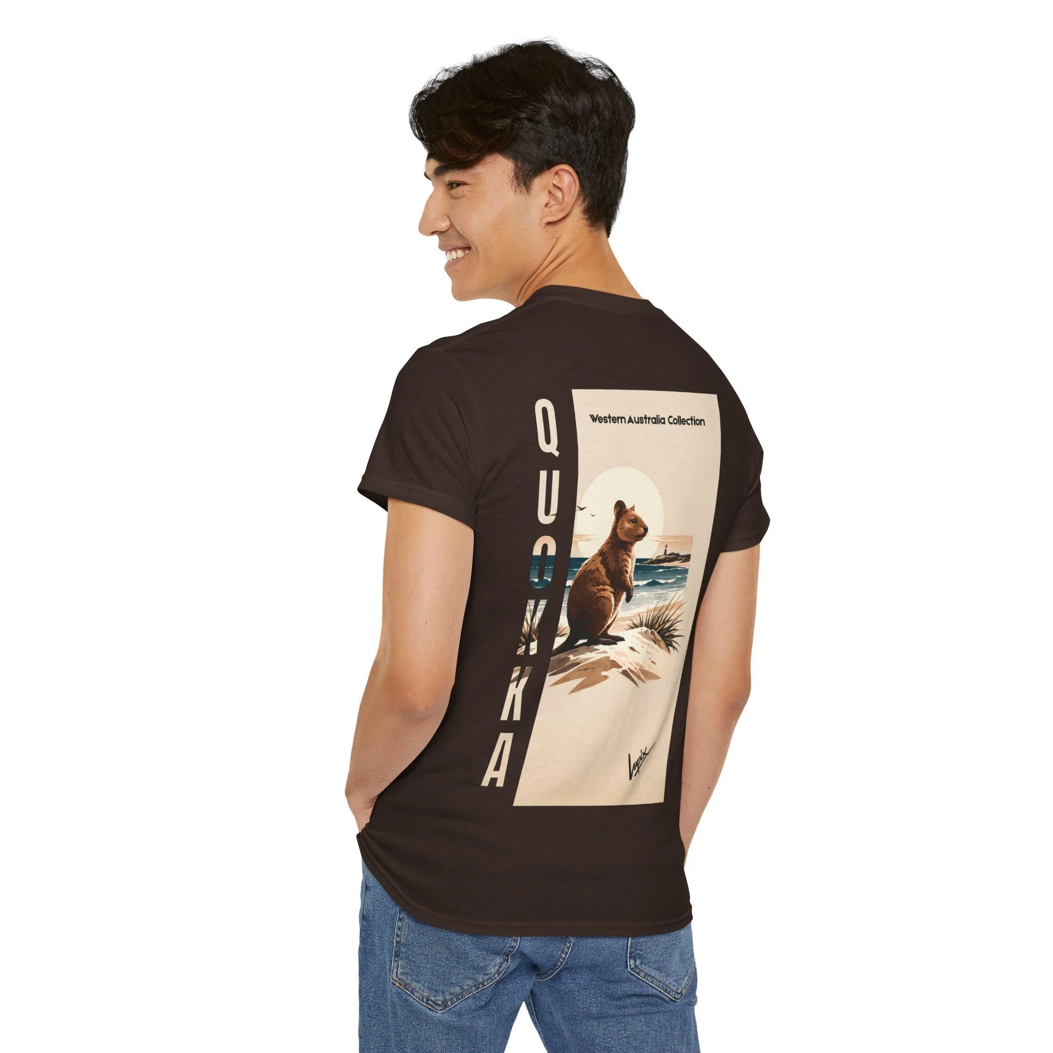 Brown t-shirt featuring a quokka on Rottnest Island inspired by Western Australia wildlife.