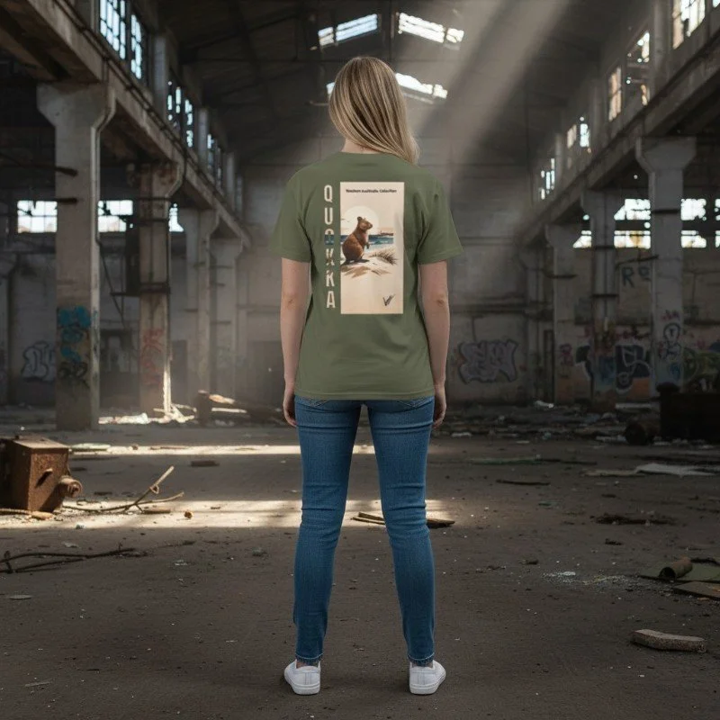 Person wearing military green t-shirt with quokka design inspired by Rottnest Island in Western Australia.