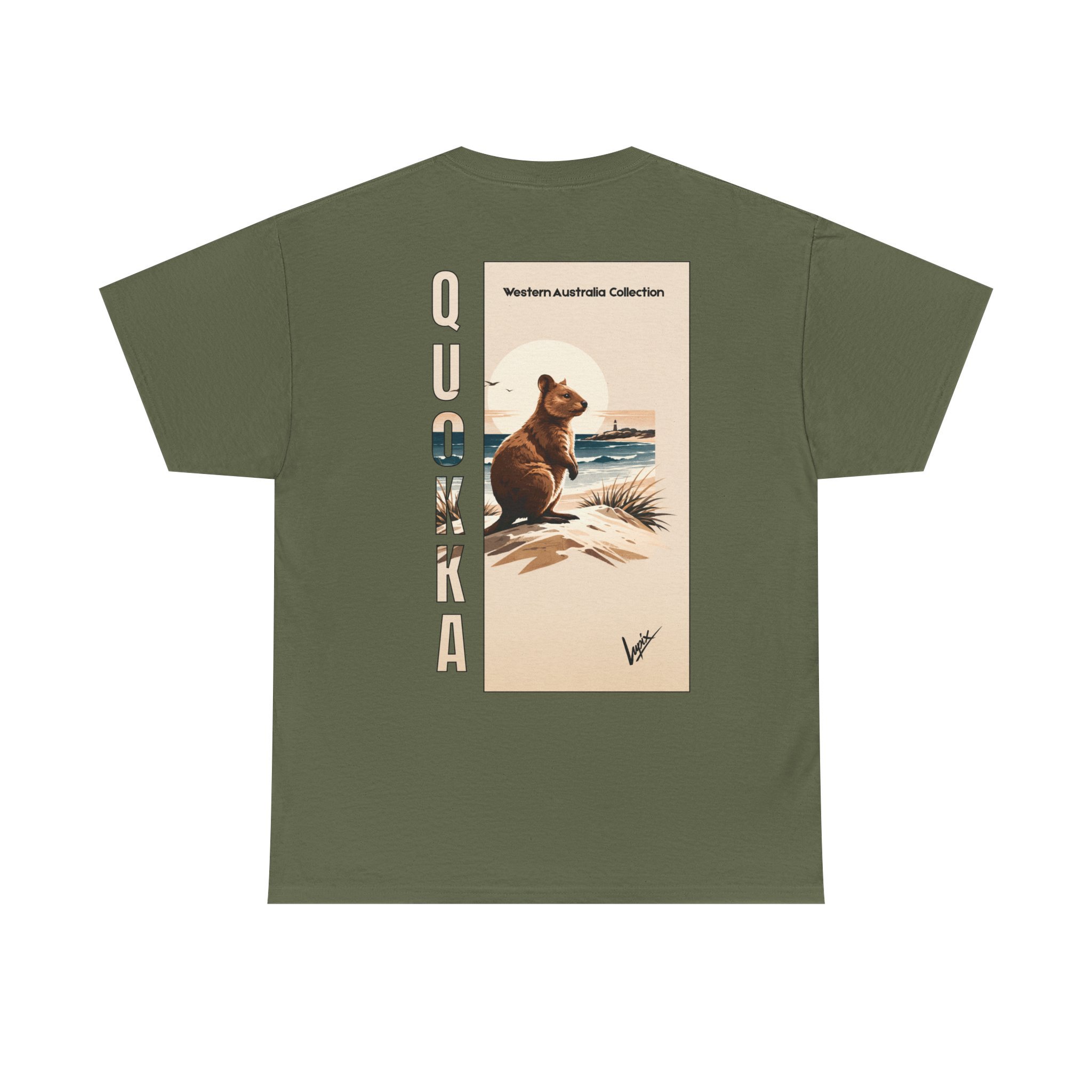 Military green t-shirt with Rottnest Island quokka illustration inspired by Western Australia nature and wildlife.
