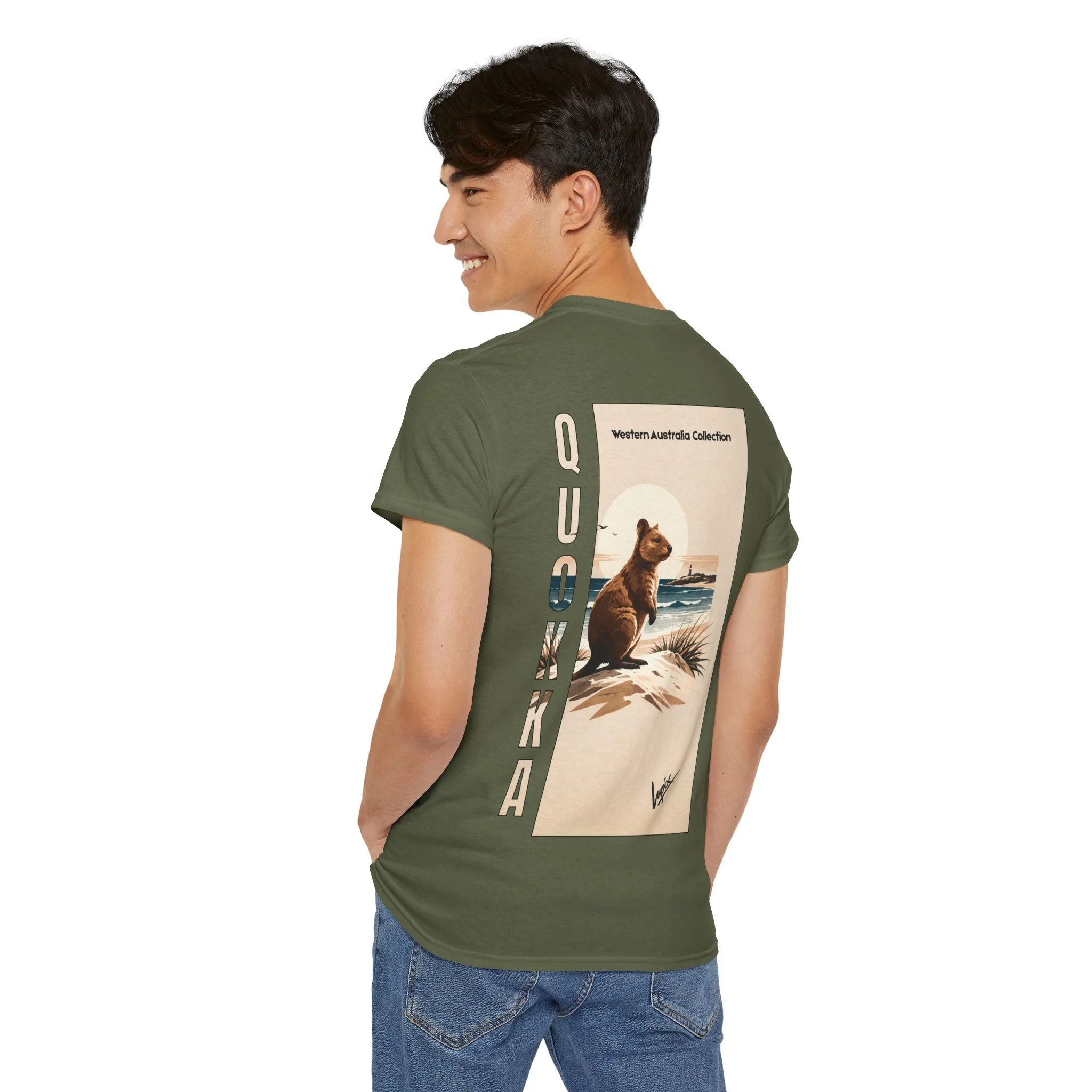 Military green t-shirt featuring a quokka on Rottnest Island inspired by Western Australia wildlife.