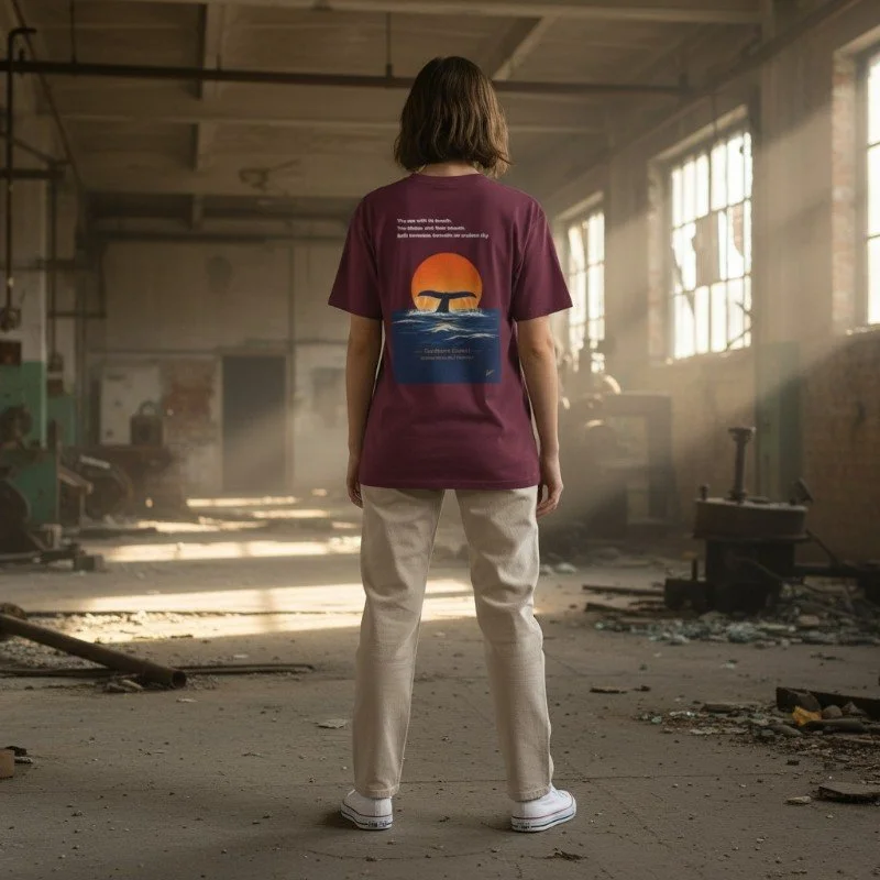 Person wearing maroon t-shirt with whale sunset ocean design inspired by Western Australia marine nature.