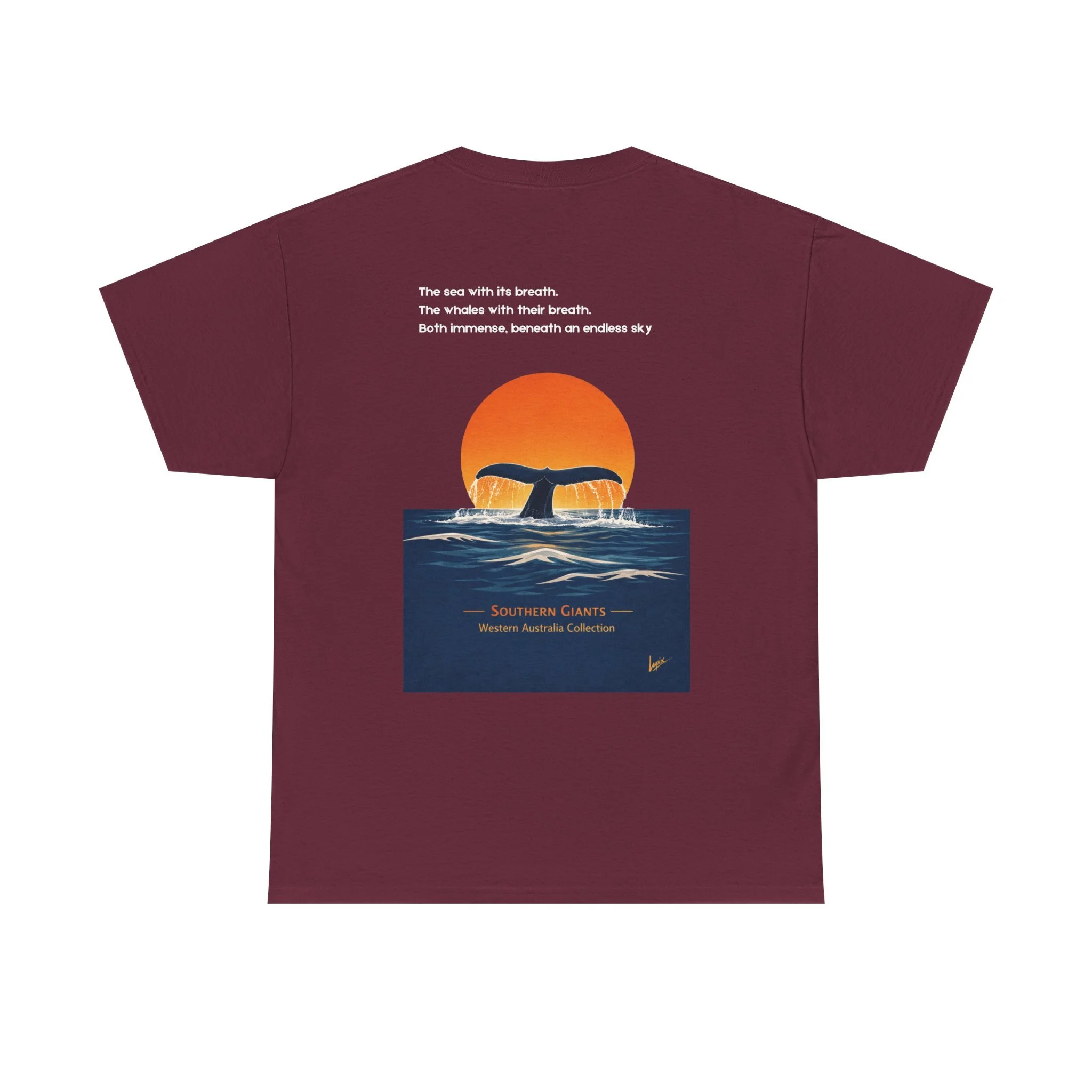 Maroon t-shirt with whale tail rising above the ocean at sunset inspired by Western Australia coastline.