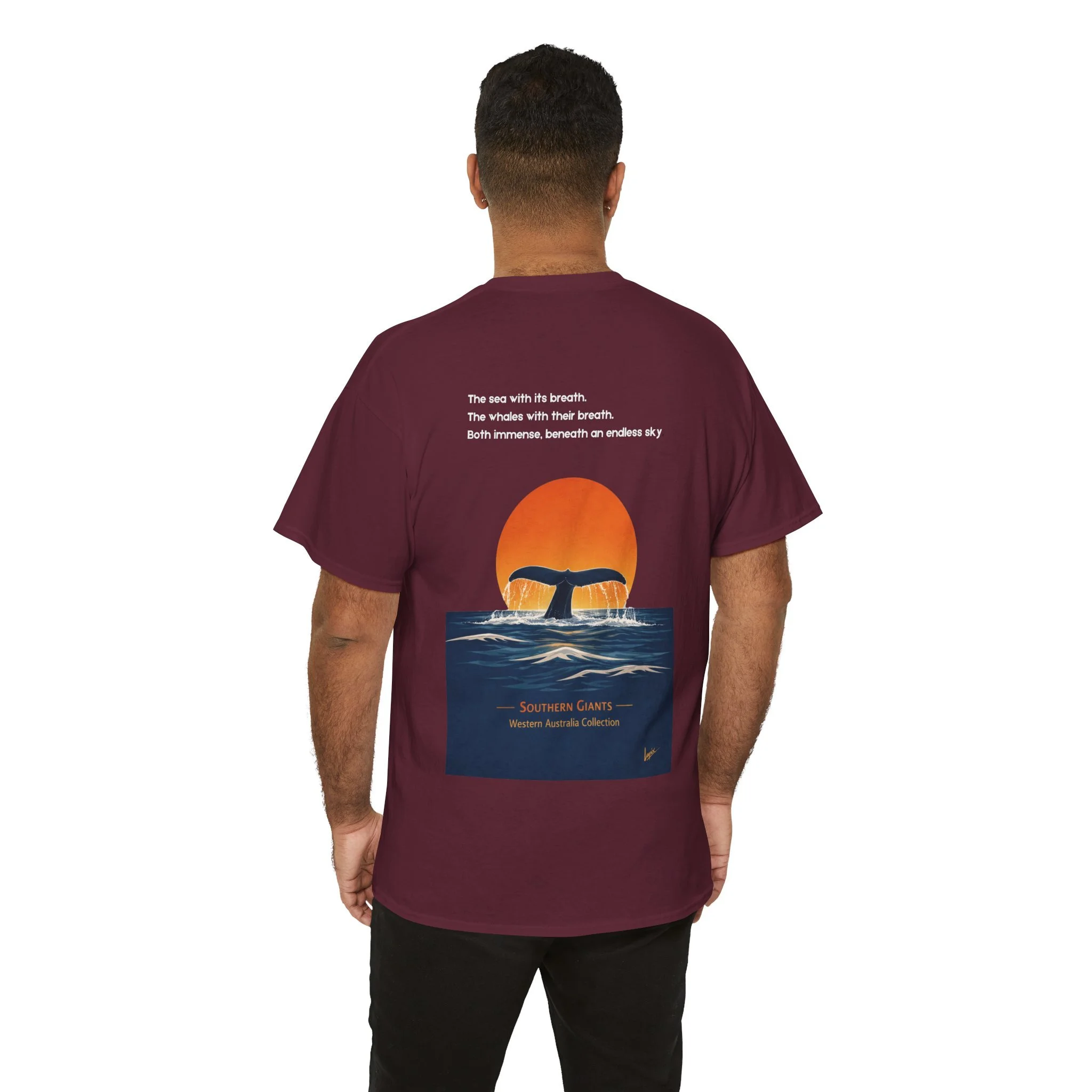 Maroon t-shirt featuring whale tail at sunset inspired by the ocean and Western Australia marine wildlife.