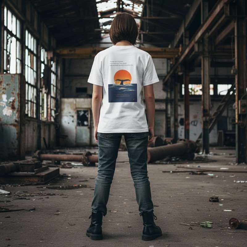 Person wearing white t-shirt with whale sunset ocean design inspired by Western Australia marine nature.