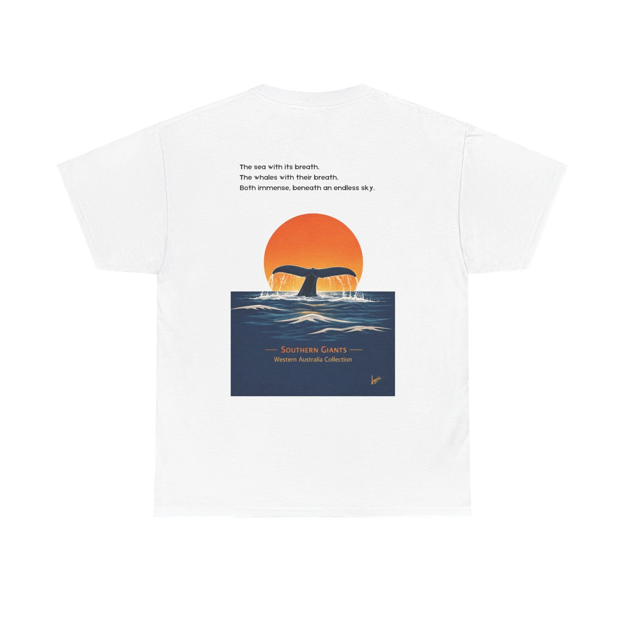 White t-shirt with whale tail rising above the ocean at sunset inspired by Western Australia coastline.