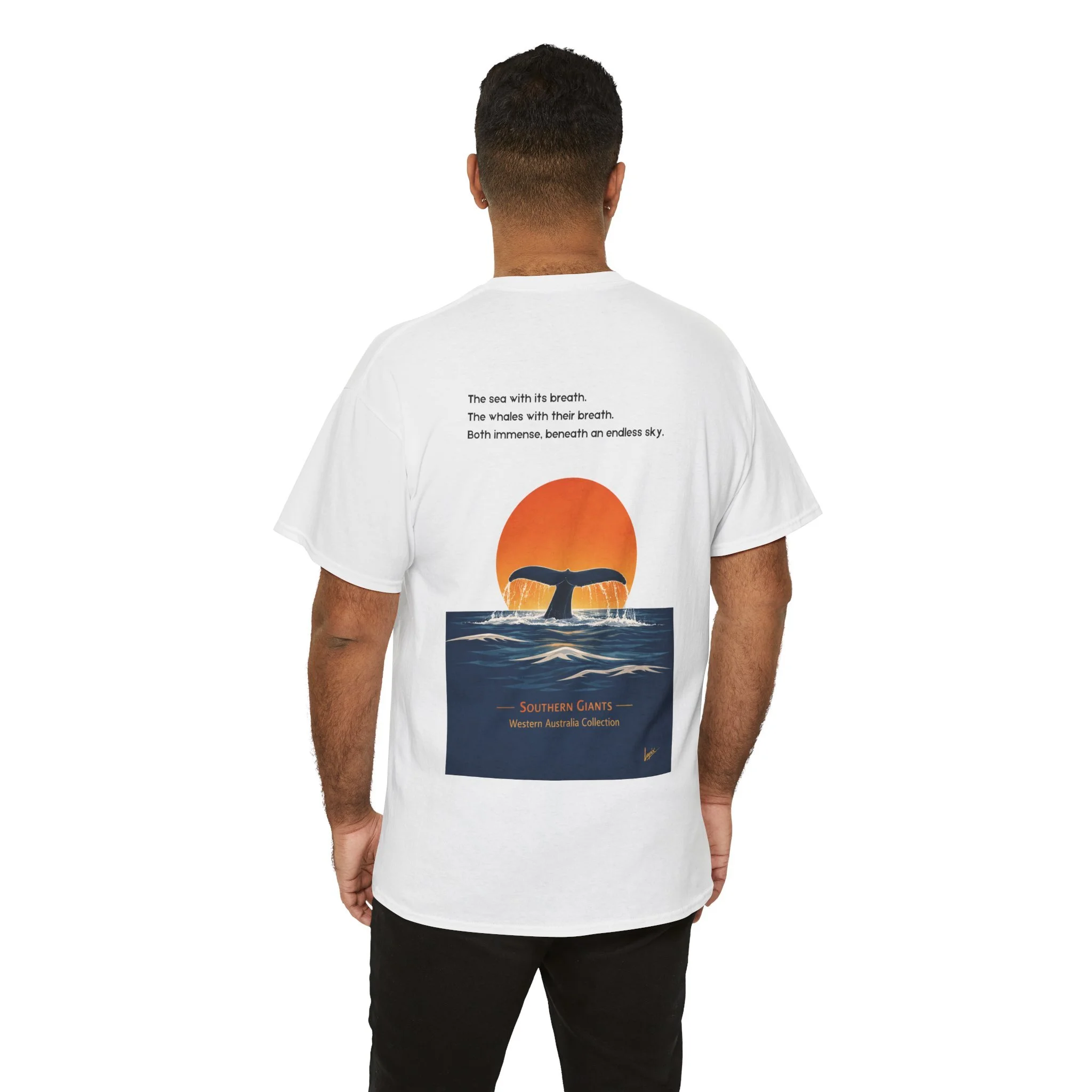 White t-shirt featuring whale tail at sunset inspired by the ocean and Western Australia marine wildlife.