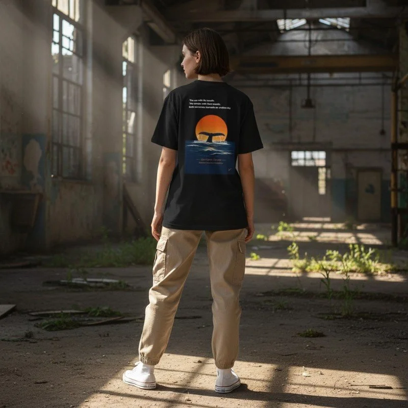 Person wearing black t-shirt with whale sunset ocean design inspired by Western Australia marine nature.