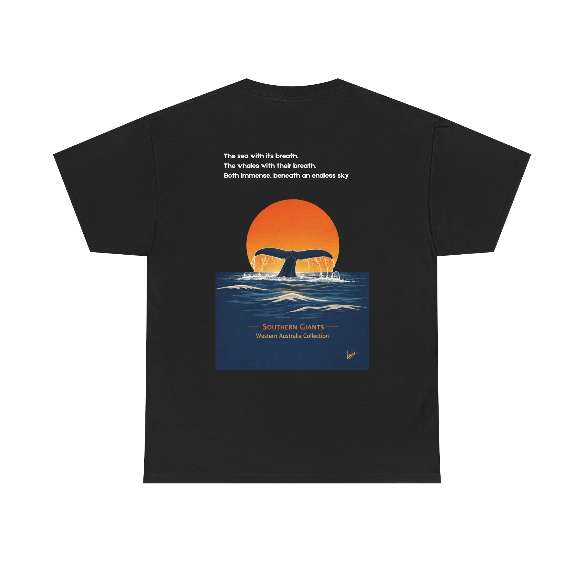 Black t-shirt with whale tail rising above the ocean at sunset inspired by Western Australia coastline.
