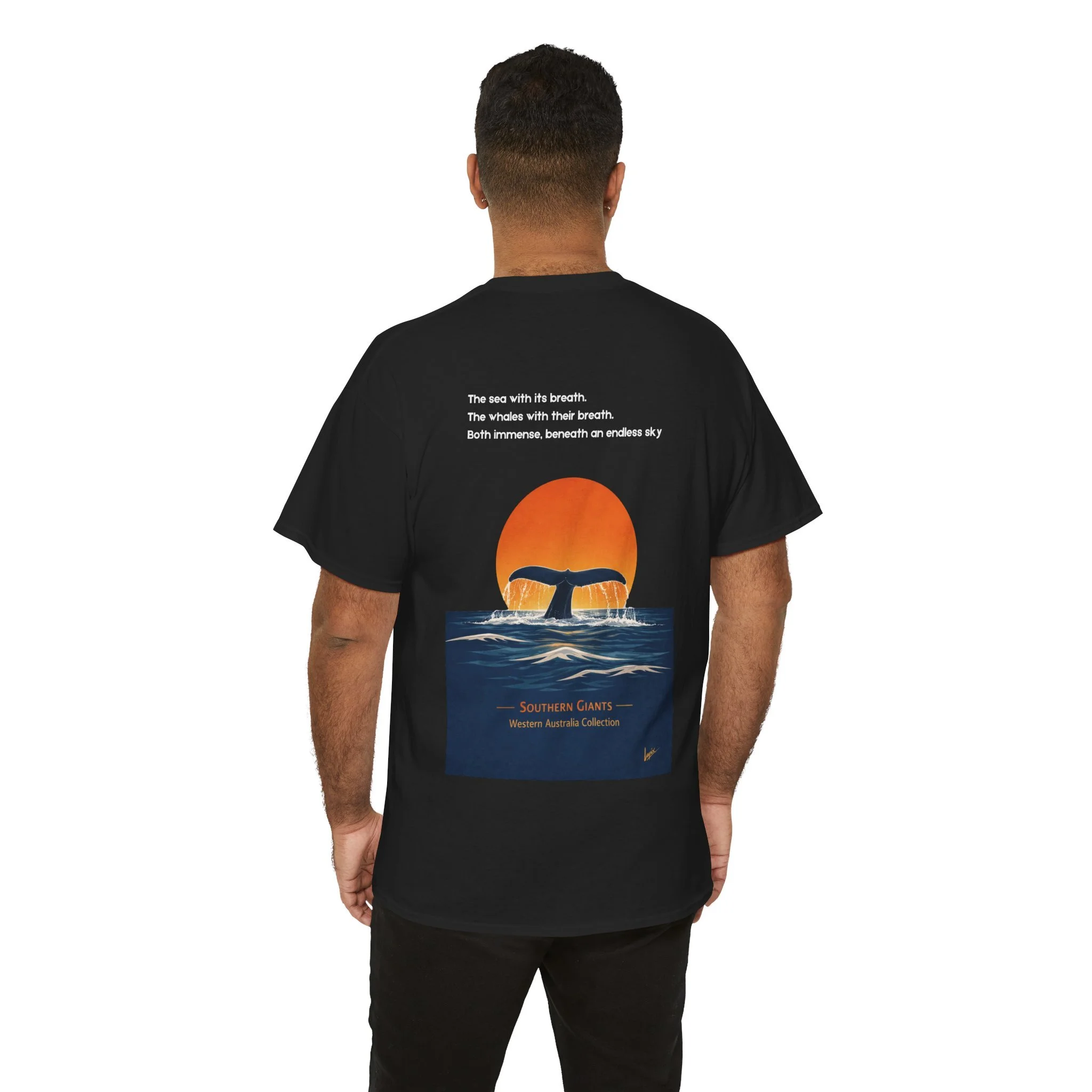 Black t-shirt featuring whale tail at sunset inspired by the ocean and Western Australia marine wildlife.