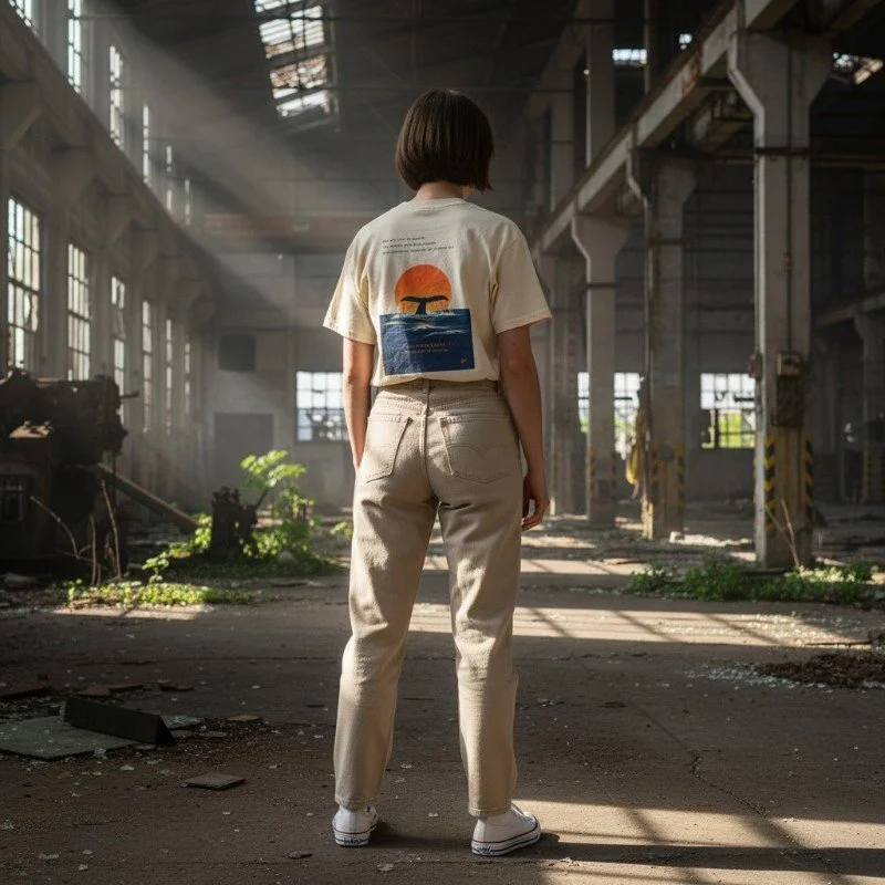 Person wearing sand t-shirt with whale sunset ocean design inspired by Western Australia marine nature.