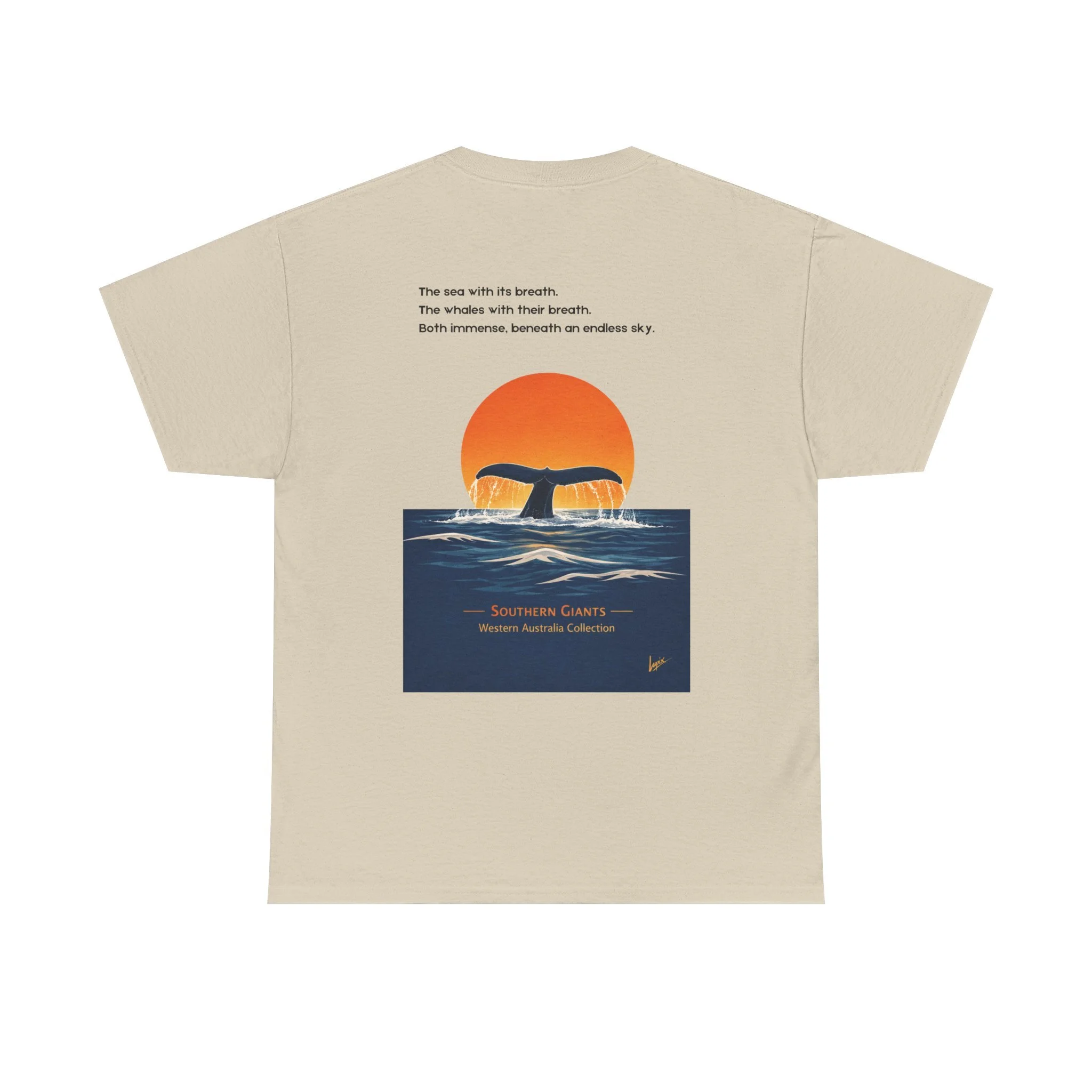 Sand t-shirt with whale tail rising above the ocean at sunset inspired by Western Australia coastline.