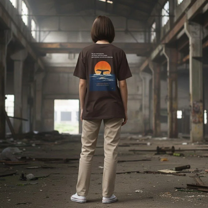 Person wearing brown t-shirt with whale sunset ocean design inspired by Western Australia marine nature.