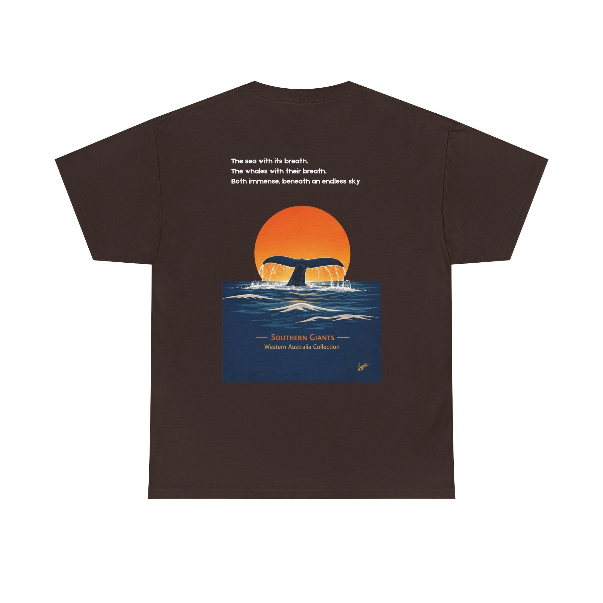 Brown t-shirt with whale tail rising above the ocean at sunset inspired by Western Australia coastline.