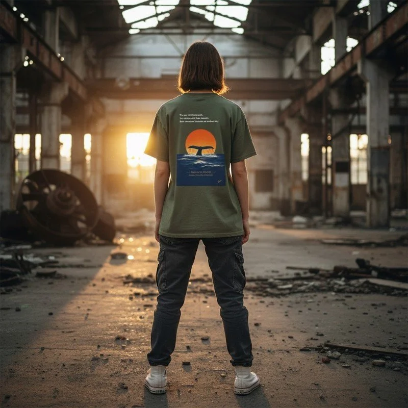 Person wearing military green t-shirt with whale sunset ocean design inspired by Western Australia marine nature.