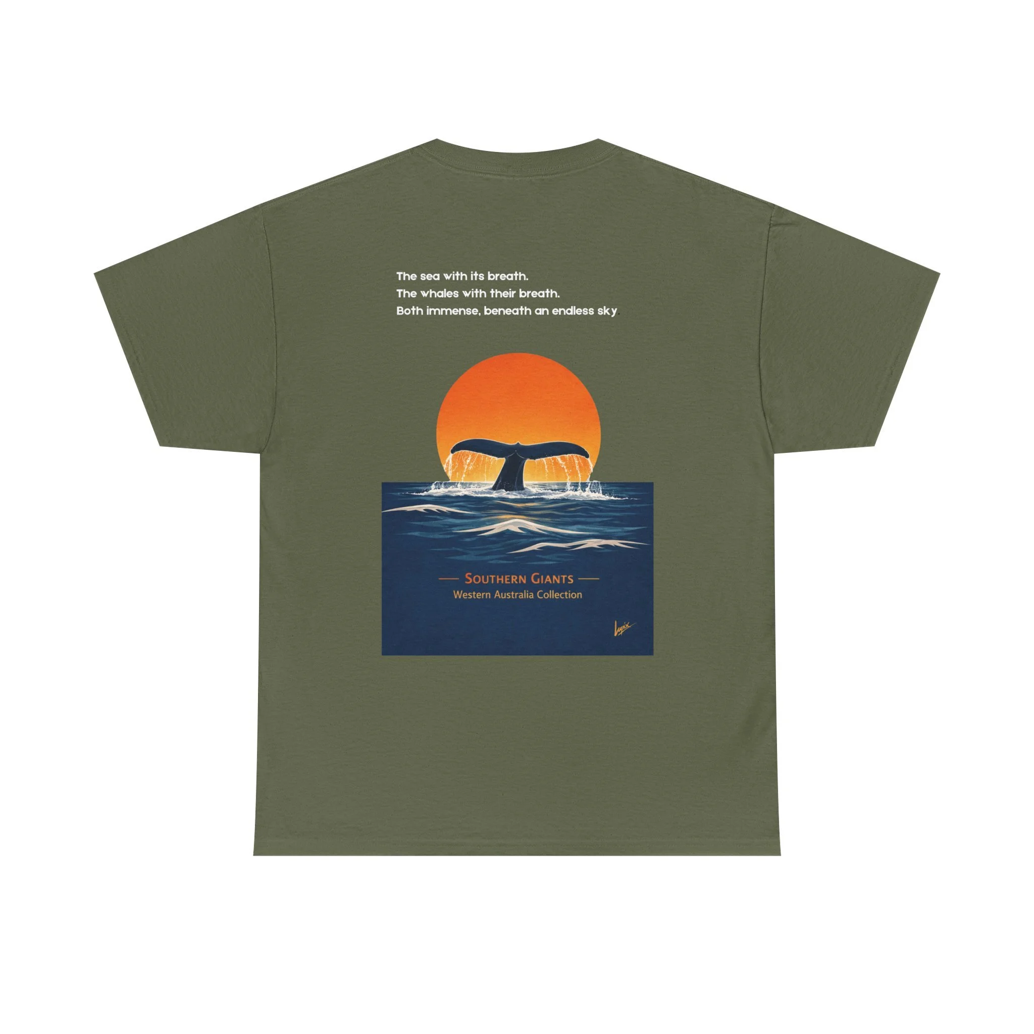 Military green t-shirt with whale tail rising above the ocean at sunset inspired by Western Australia coastline.