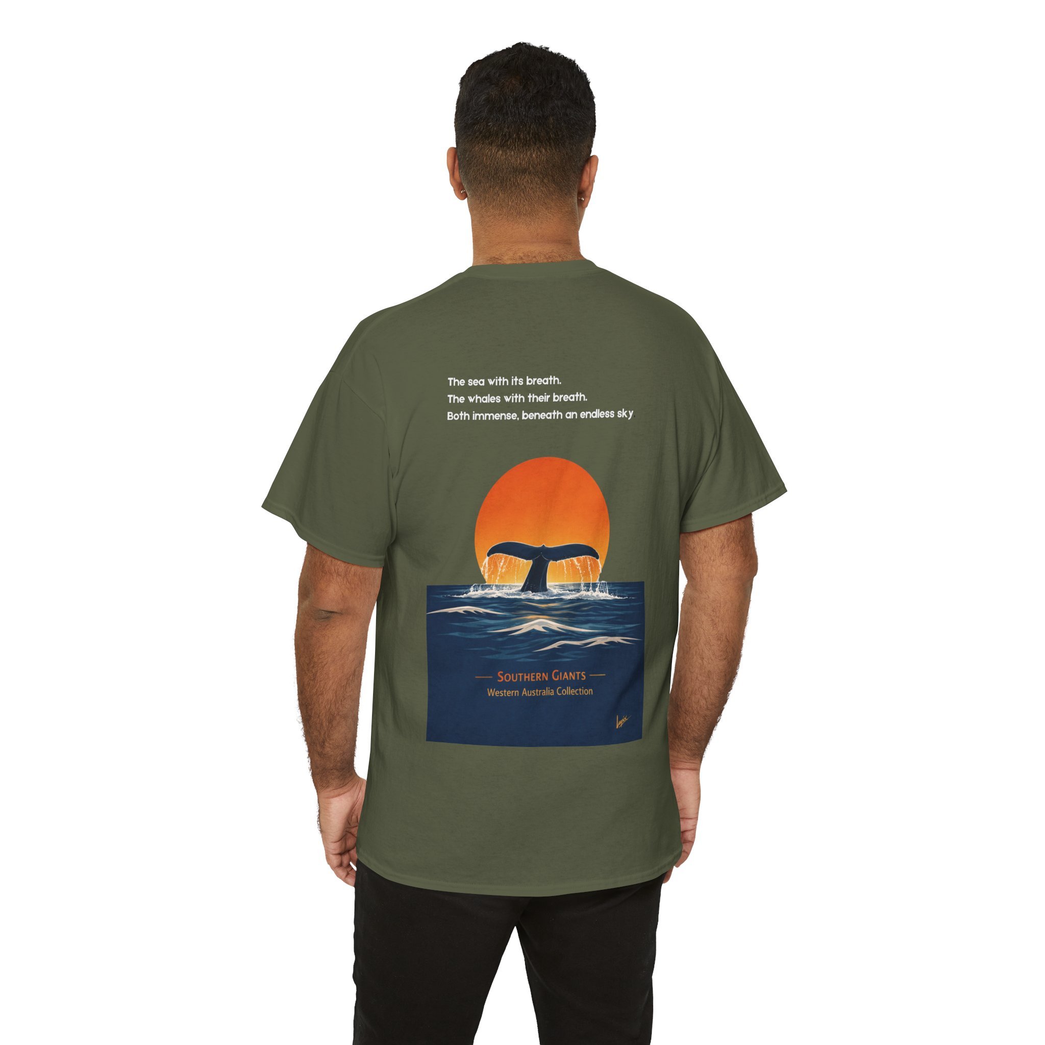 Military green t-shirt featuring whale tail at sunset inspired by the ocean and Western Australia marine wildlife.