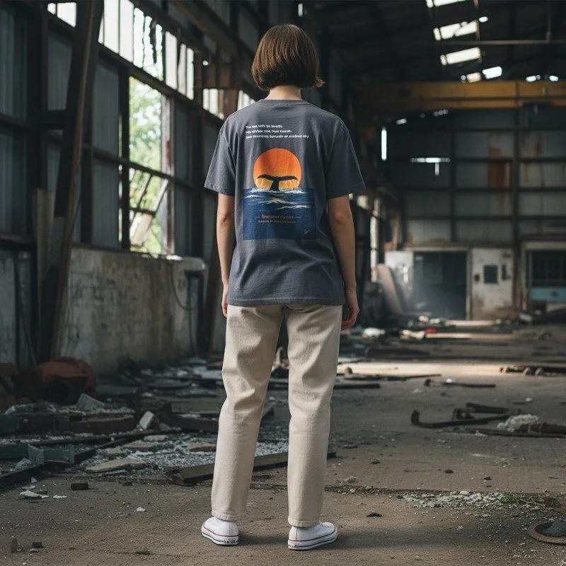 Person wearing charcoal t-shirt with whale sunset ocean design inspired by Western Australia marine nature.