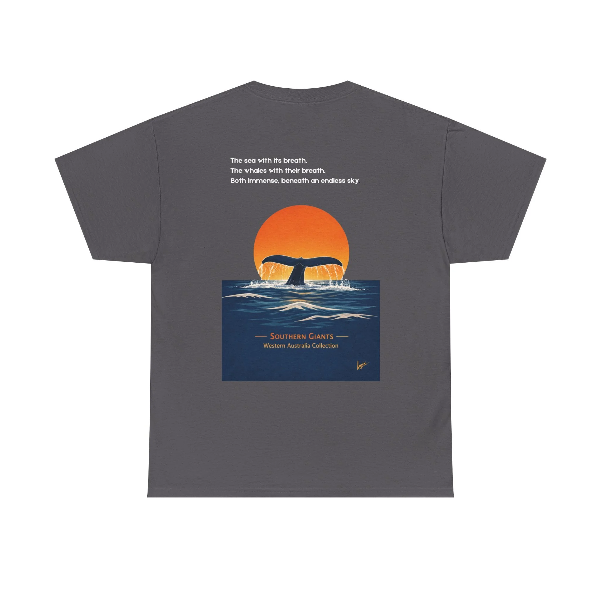Charcoal t-shirt with whale tail rising above the ocean at sunset inspired by Western Australia coastline.