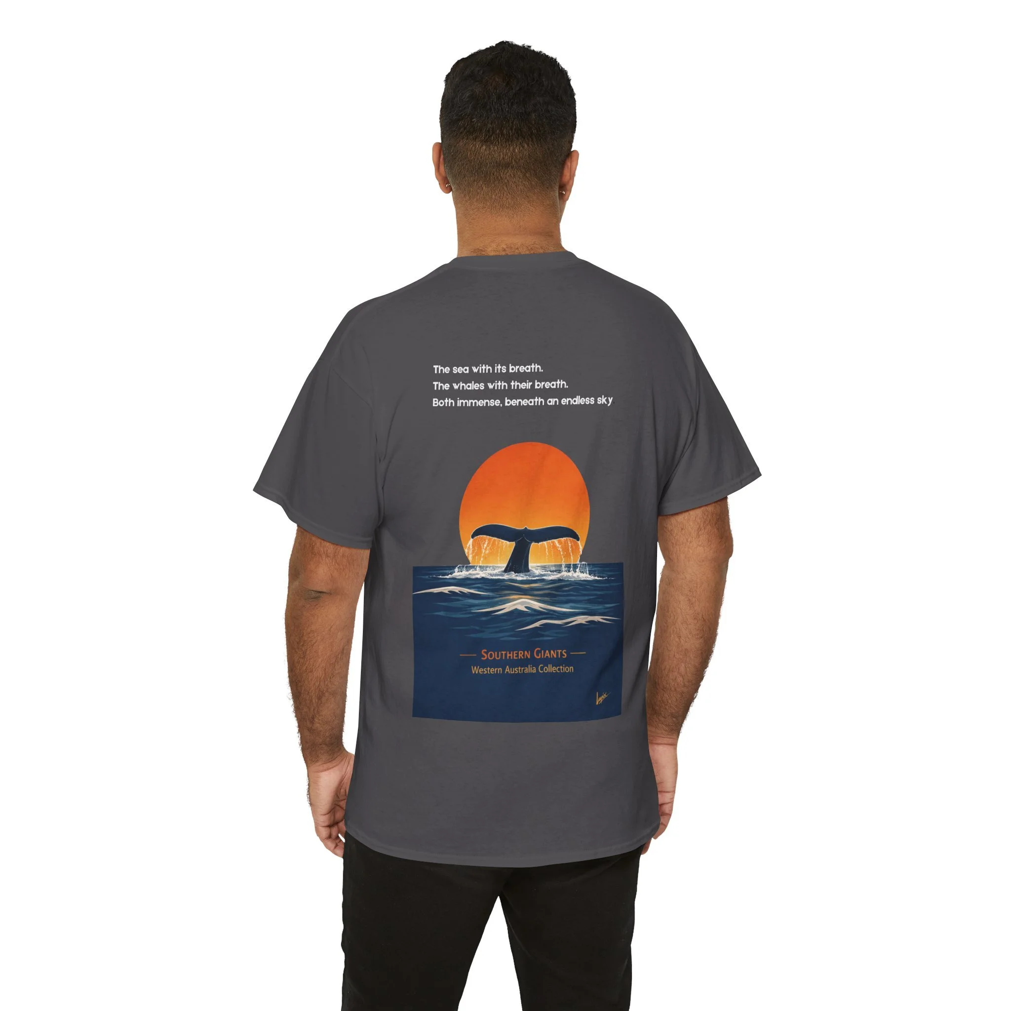 Charcoal t-shirt featuring whale tail at sunset inspired by the ocean and Western Australia marine wildlife.