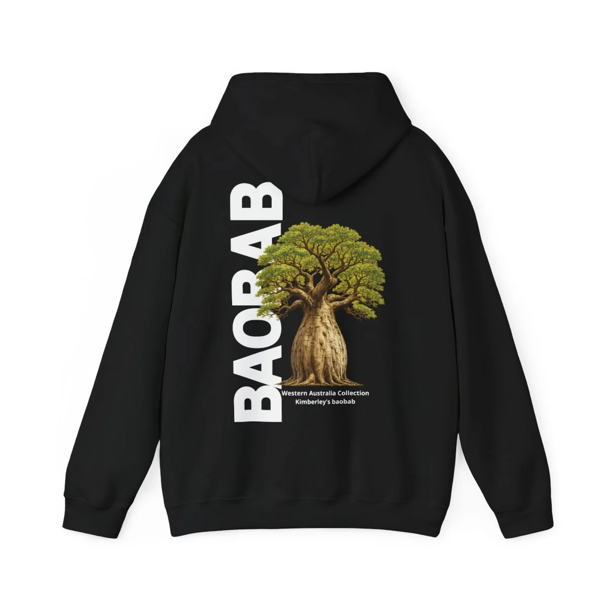 Black hoodie with a large graphic of a Baobab tree and the word "BAOBAB" in white vertical letters, along with the text "Western Australia Collection Kimberley's baobab".