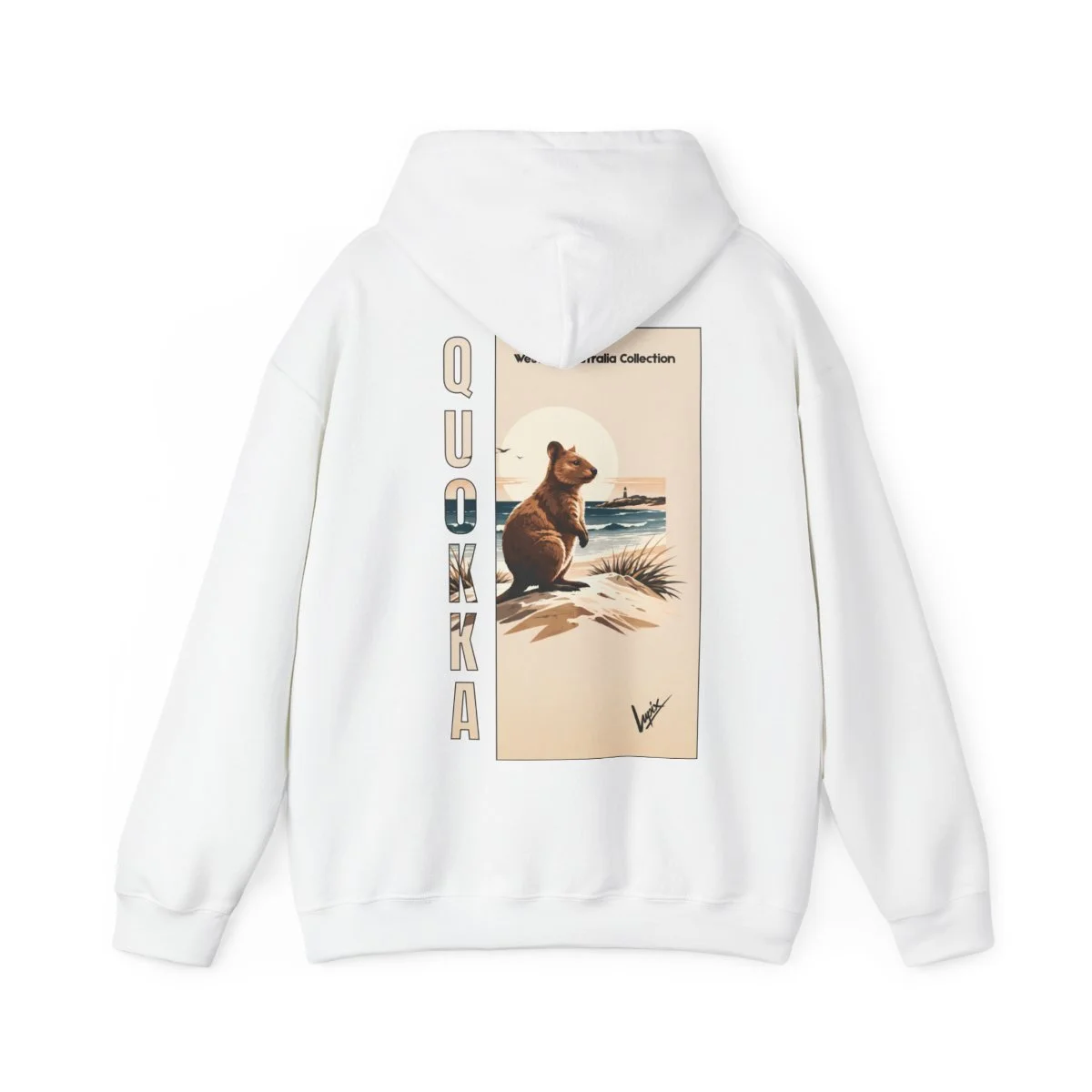 White hoodie featuring a graphic of a quokka sitting on a beach with the ocean and lighthouse in the background, and the word 'QUOKKA' vertically on the left side.