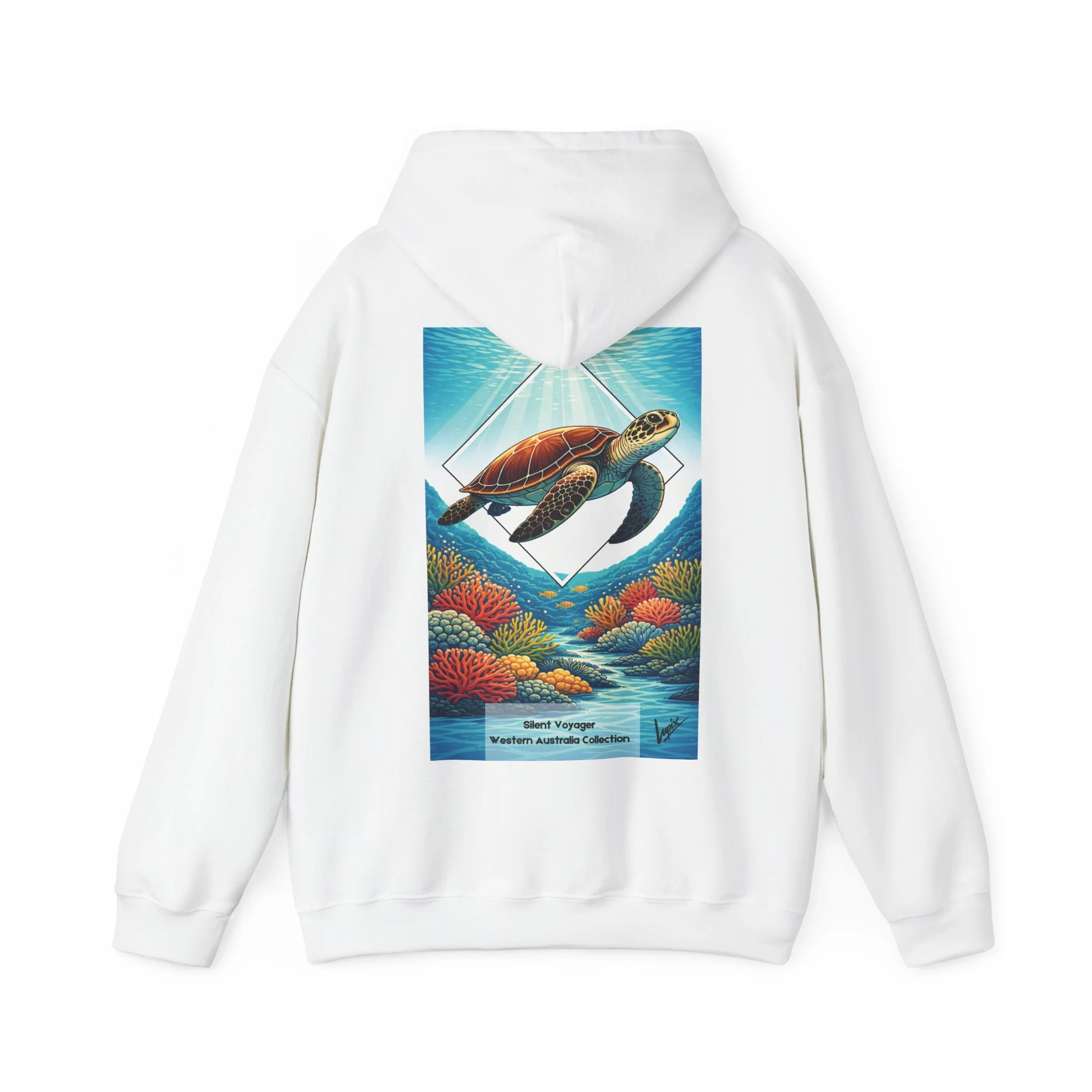 White hoodie with sea turtle and coral reef illustration inspired by Western Australia marine life.