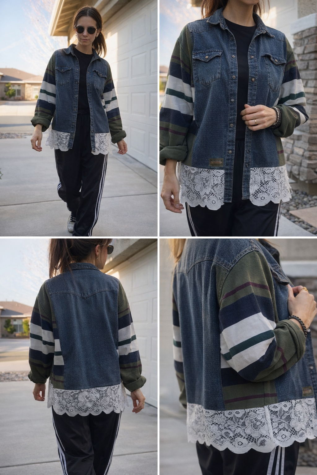 Reworked Lace Trim Dickies Button-Up