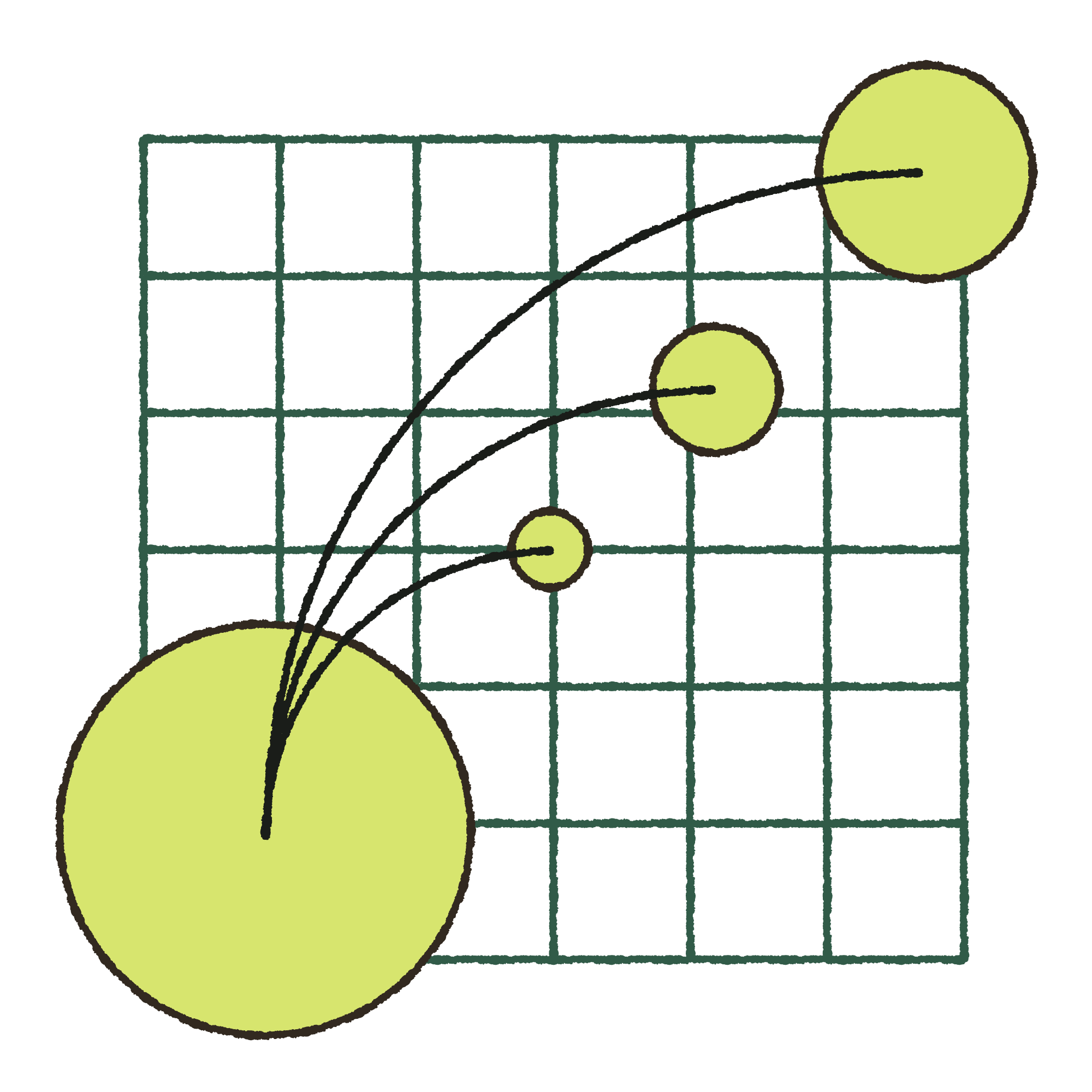 Line graph with four data points plotted on an X-Y grid, interconnecting with a curved line, highlighted by three yellow circles.