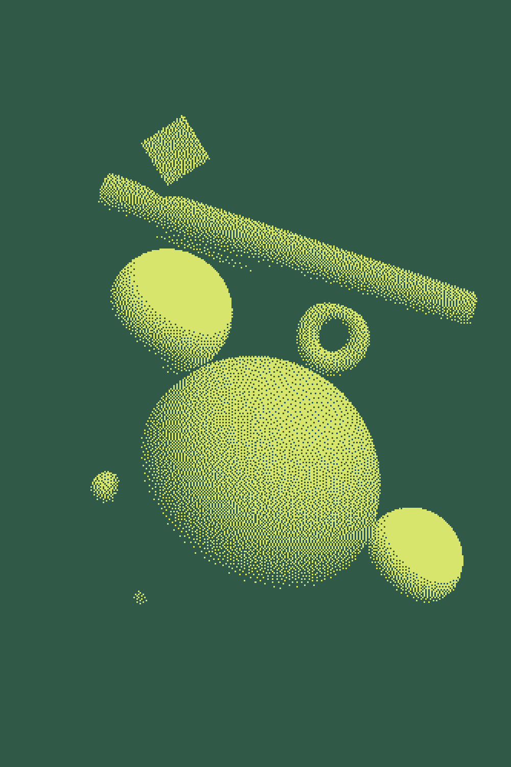 Digital artwork featuring various geometric shapes including spheres, cubes, and rings in yellow-green color against a dark green background.