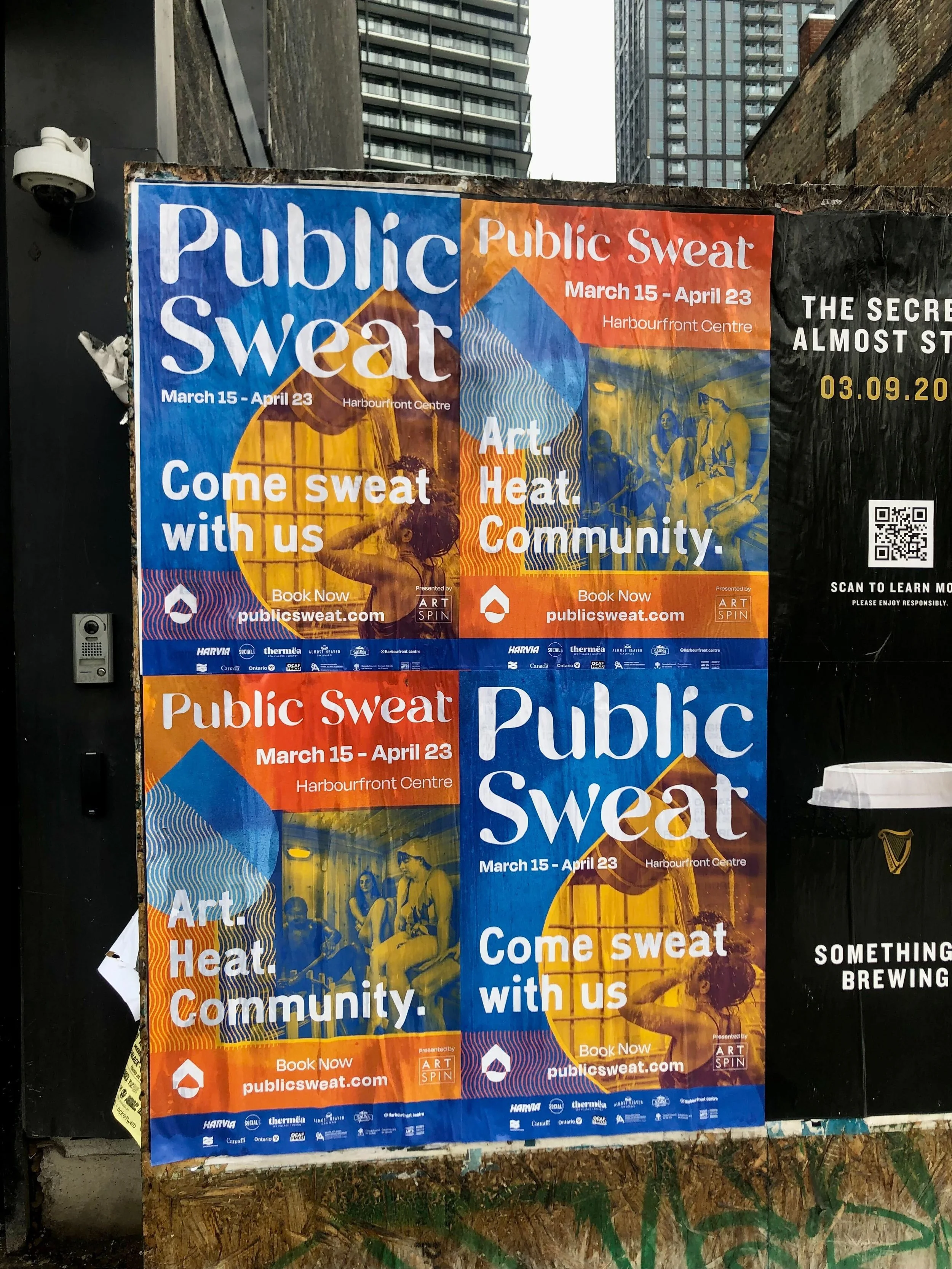 Three posters advertising the Public Sweat event from March 15 to April 23 at Harbourfront Centre, featuring a background image of people at an art and music event, with bold text inviting to join with the phrases 'Come sweat with us' and 'Art. Heat.