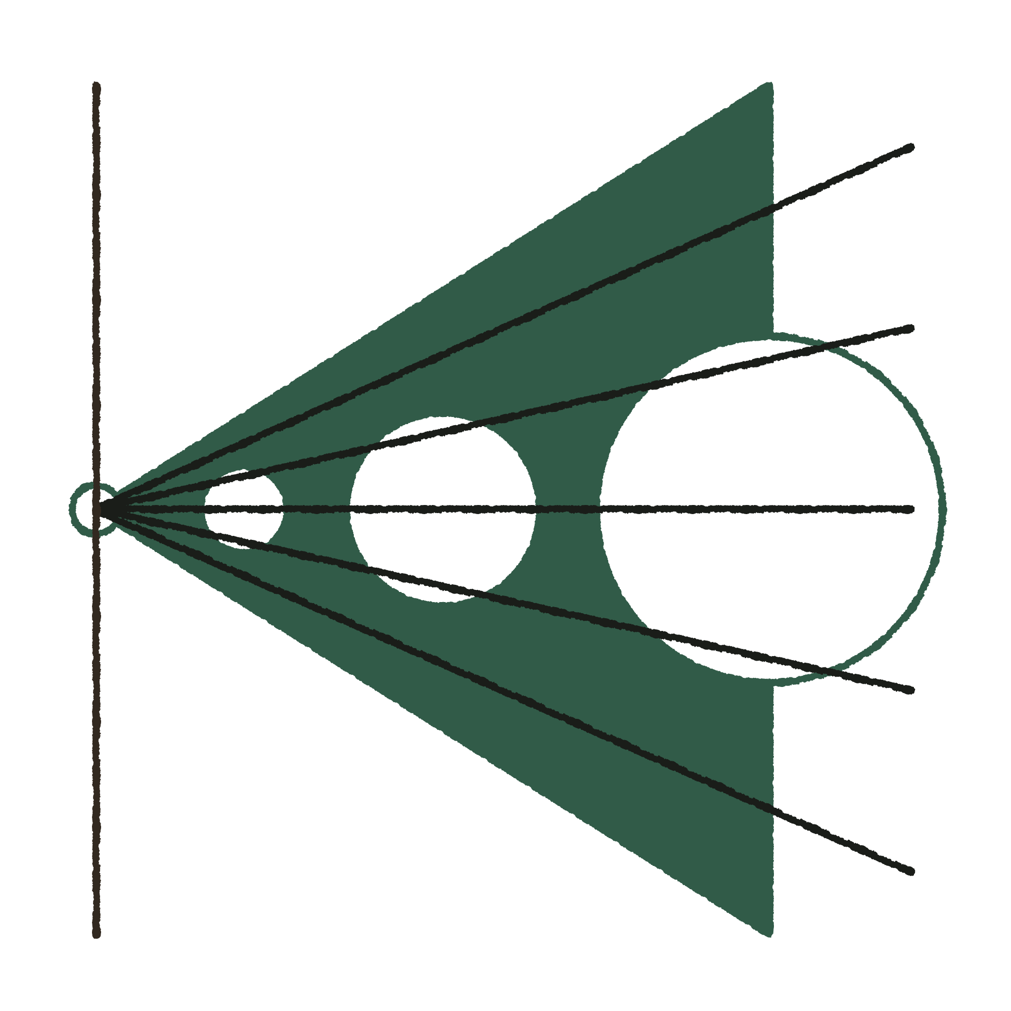 Illustration of a 3D geometric shape with green and white sections, several lines, and a vertical axis on the left side.